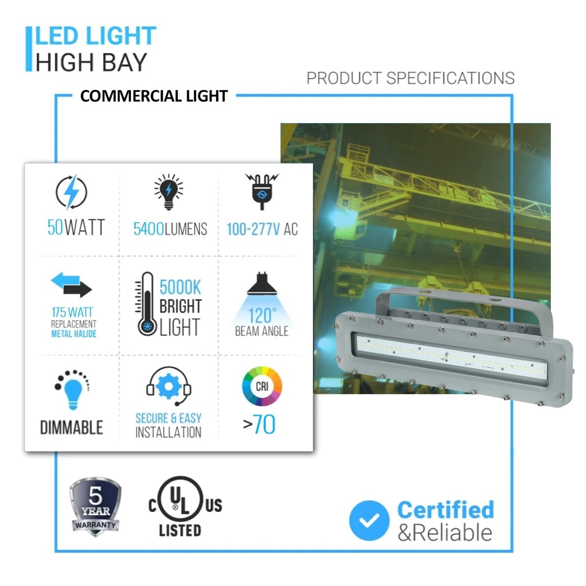 50W 2FT LED Explosion Proof Linear Light - Dimmable 5000K 5400LM, 100-277V AC, IP66 Rated for Hazardous Locations - Perfect for Oil Rigs, Chemical Plants & Industrial Facilities