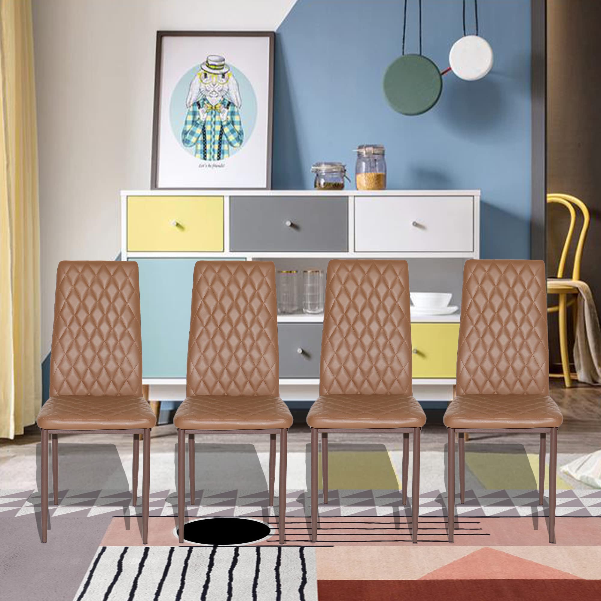 Modern Minimalist Dining Chairs Set of 4 or 6 - Fireproof Leather Upholstery with Sprayed Metal Frame & Diamond Grid Pattern - Perfect for Restaurants, Homes, and Conference Rooms (Coffee Color)