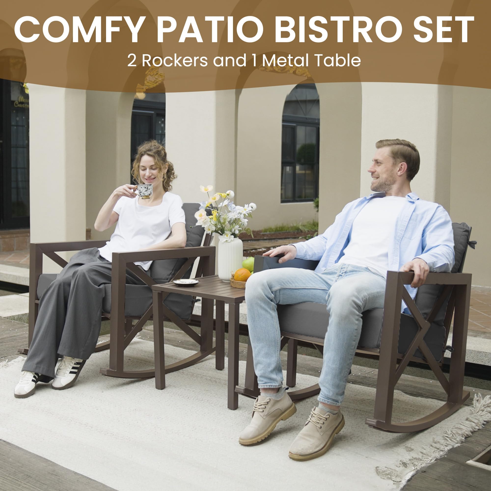 UDPATIO 3-Piece Outdoor Rocking Chair Set with 6.5