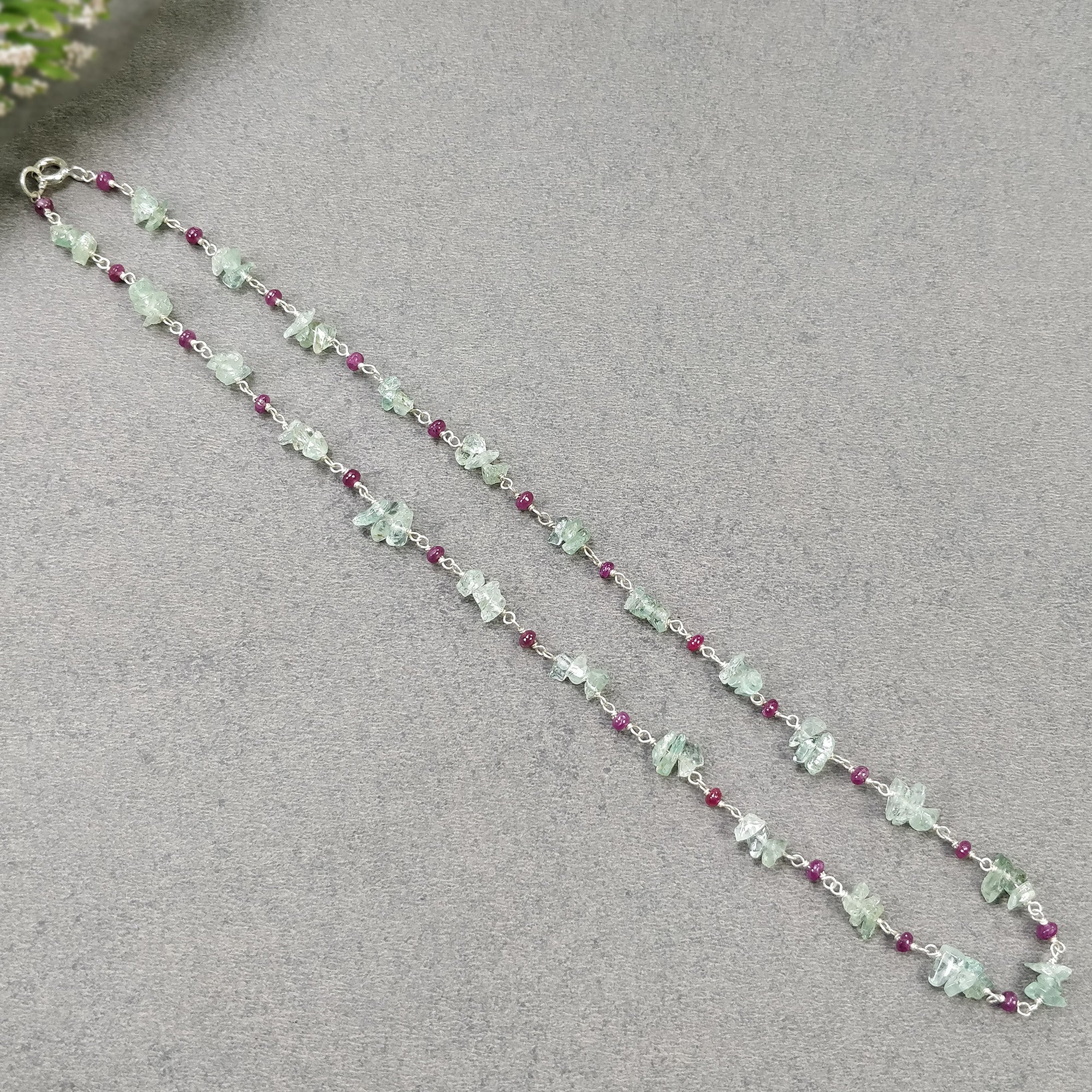 Natural Raw Uncut Emerald & Ruby Gemstone Beads 925 Sterling Silver Chain Necklace - 16 Inch Statement Jewelry Gift for Women, Perfect for Weddings, Parties & Special Occasions