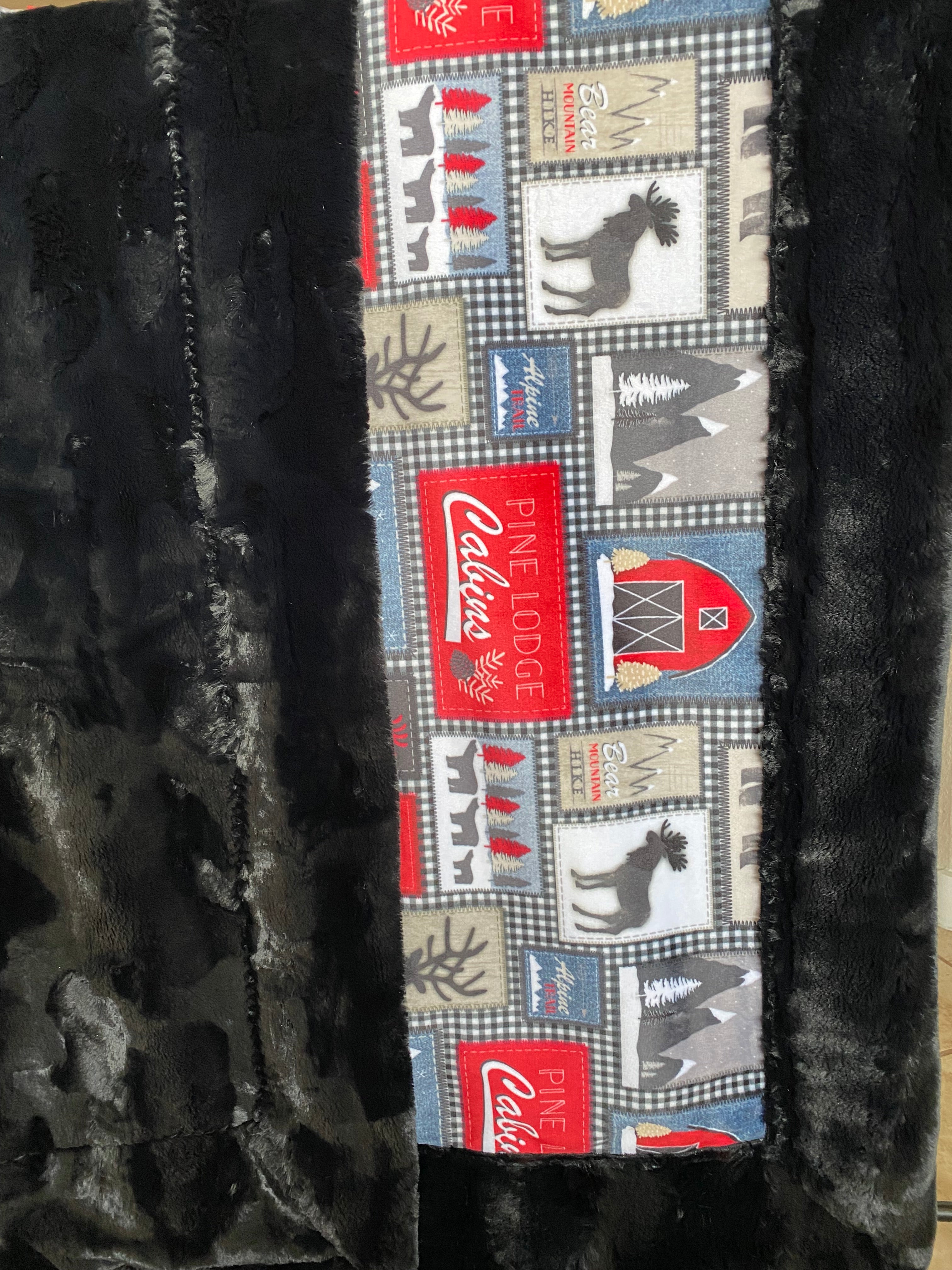 Lodge Patches Jeans Black Mirage Minky Blanket - Extra Wide Large 68x77 Inches - Cozy Fleece Throw for Couch, Bed & Home Decor