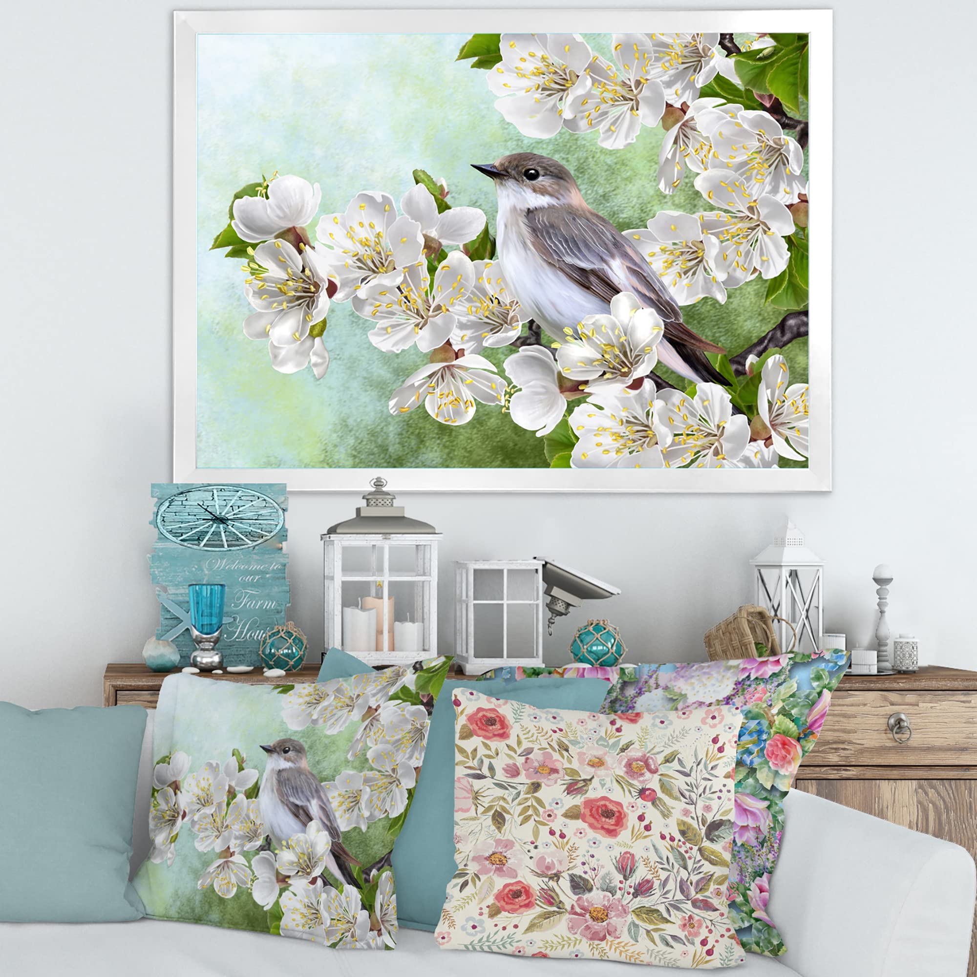 Gray Bird on Blossoming Tree Branch - Traditional Framed Wall Art Decor for Living Room, Bedroom & Office