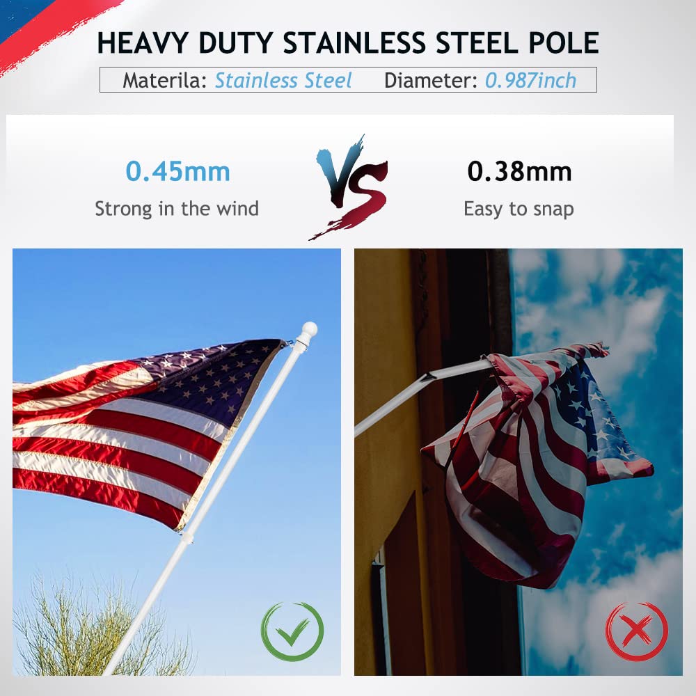 5ft Stainless Steel Wall Mounted Flag Pole Kit with Bracket & Rings - Outdoor Residential/Commercial Flagpole for House, Yard, Garden - Perfect for Patriotic Displays, Sports Events & Business Branding (White)