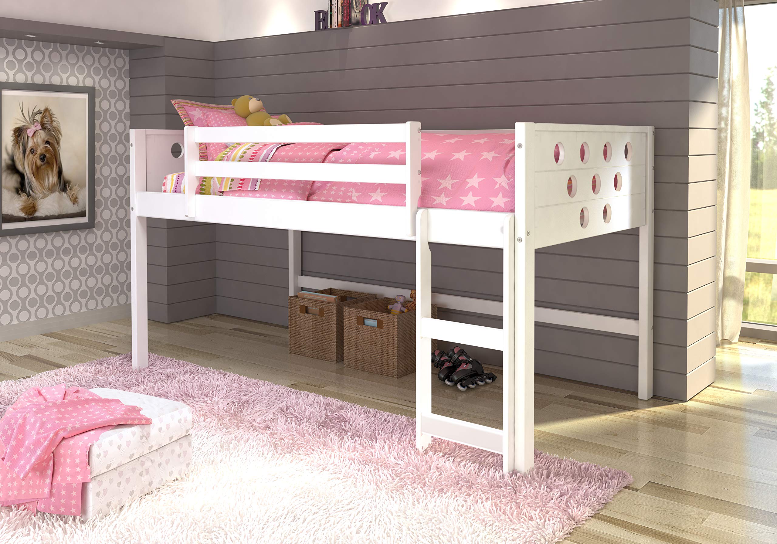 Donco Kids 780-TW White Twin Size Low Loft Bed with Modular Circles Design - Perfect for Small Bedrooms, Kids' Rooms & Space-Saving Solutions