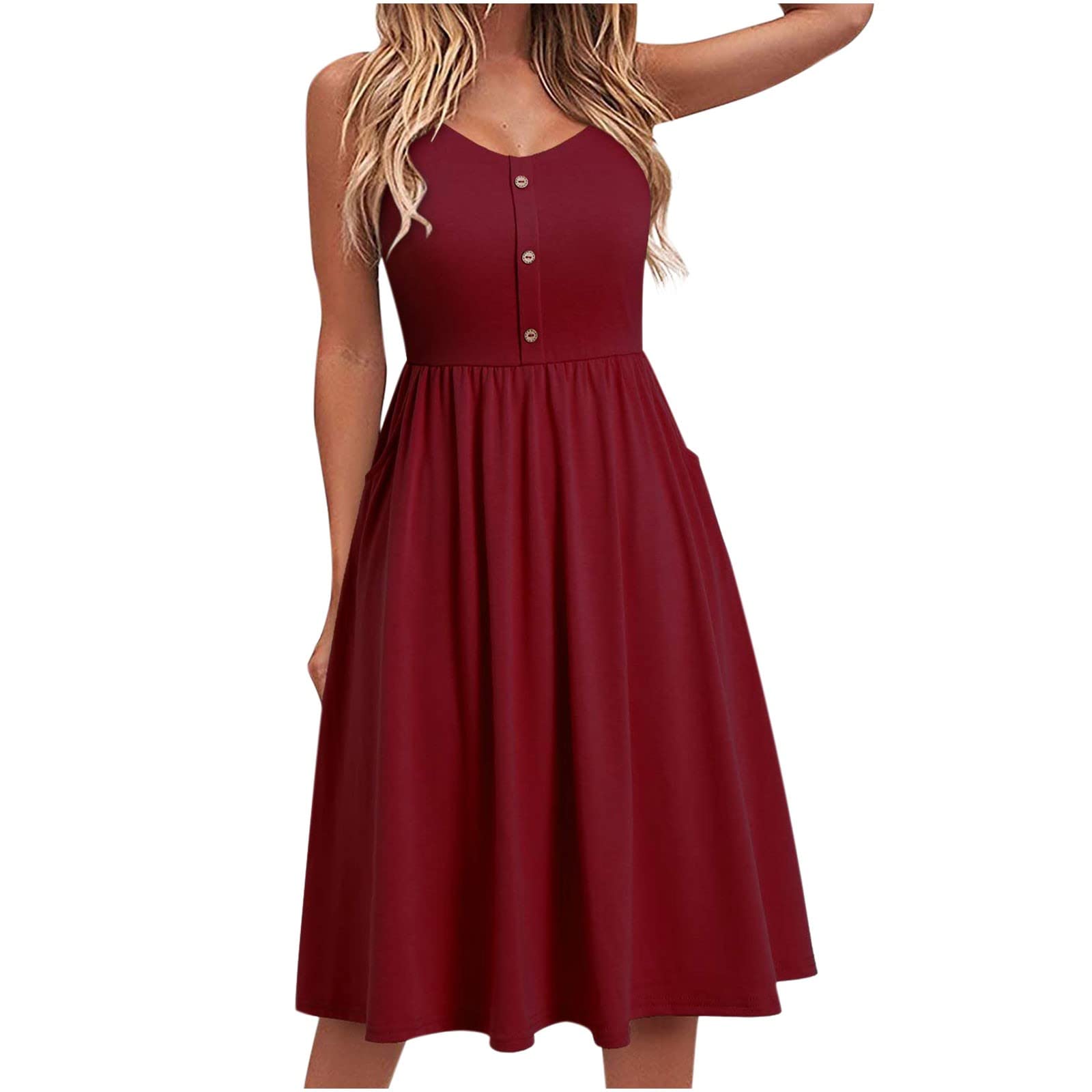 SEAOPEN Women's Summer Swing Dress - Round Neck Midi Sundress, Casual Flowy Beach Dress with Button Down, Solid Color for Vacation, Party & Outdoor Activities