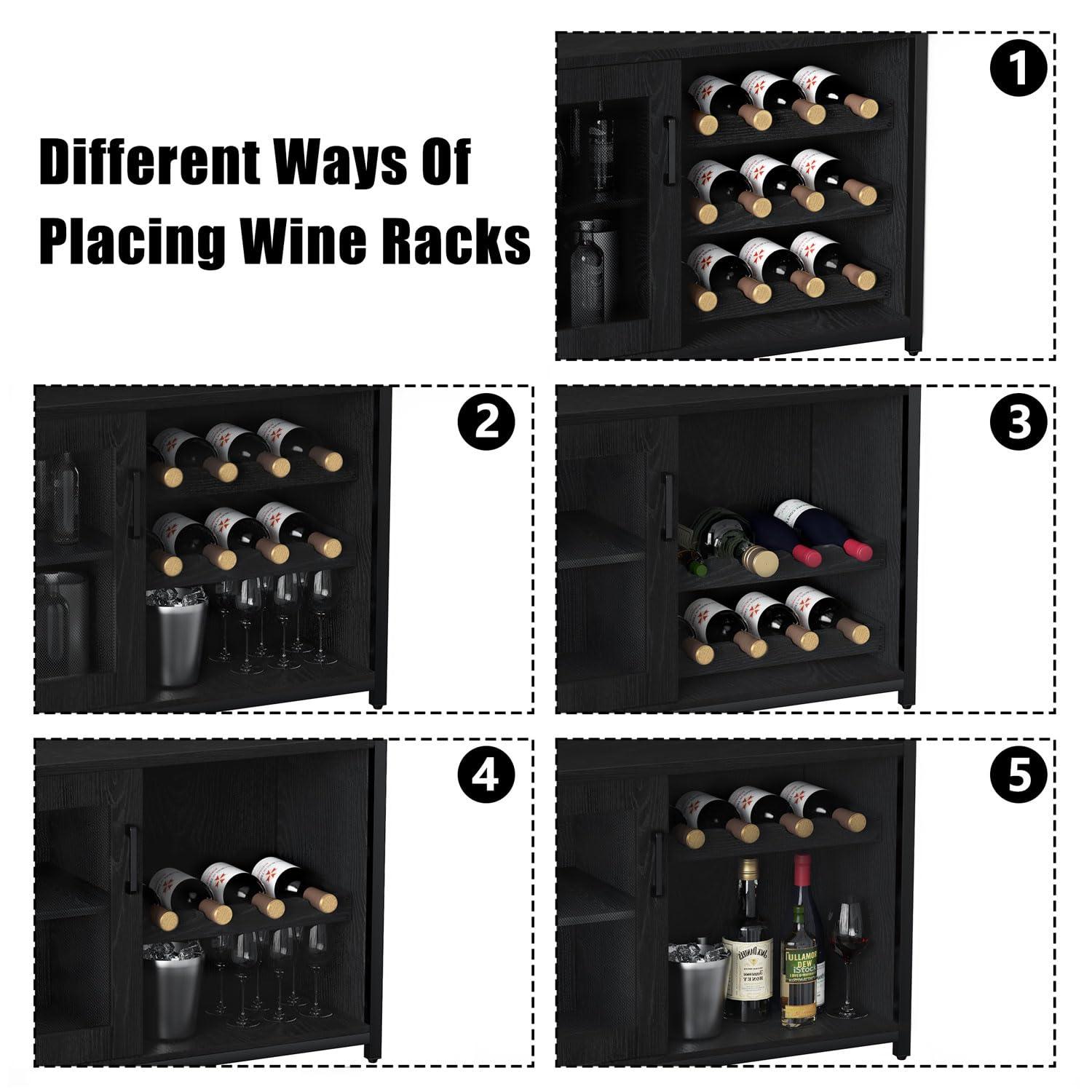 GAOMON Wine Bar Cabinet with Storage - Farmhouse Coffee Bar Cabinet with Detachable Rack, Drawer & Glass Holder - Rustic Buffet Sideboard with Mesh Door (Black) - Perfect for Dining Room, Kitchen or Home Bar Organization