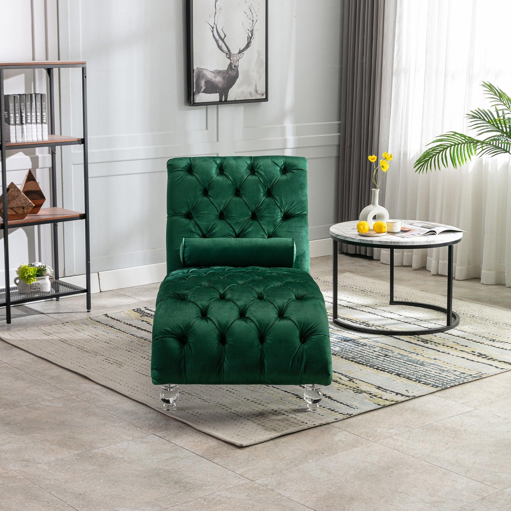 Luxury Velvet Chaise Lounge Chair - Button Tufted Upholstered Sofa with Pillow for Bedroom, Living Room & Office | Emerald Green Velvet Fabric | Perfect for Reading Nook, Lounge Area & Home Decor