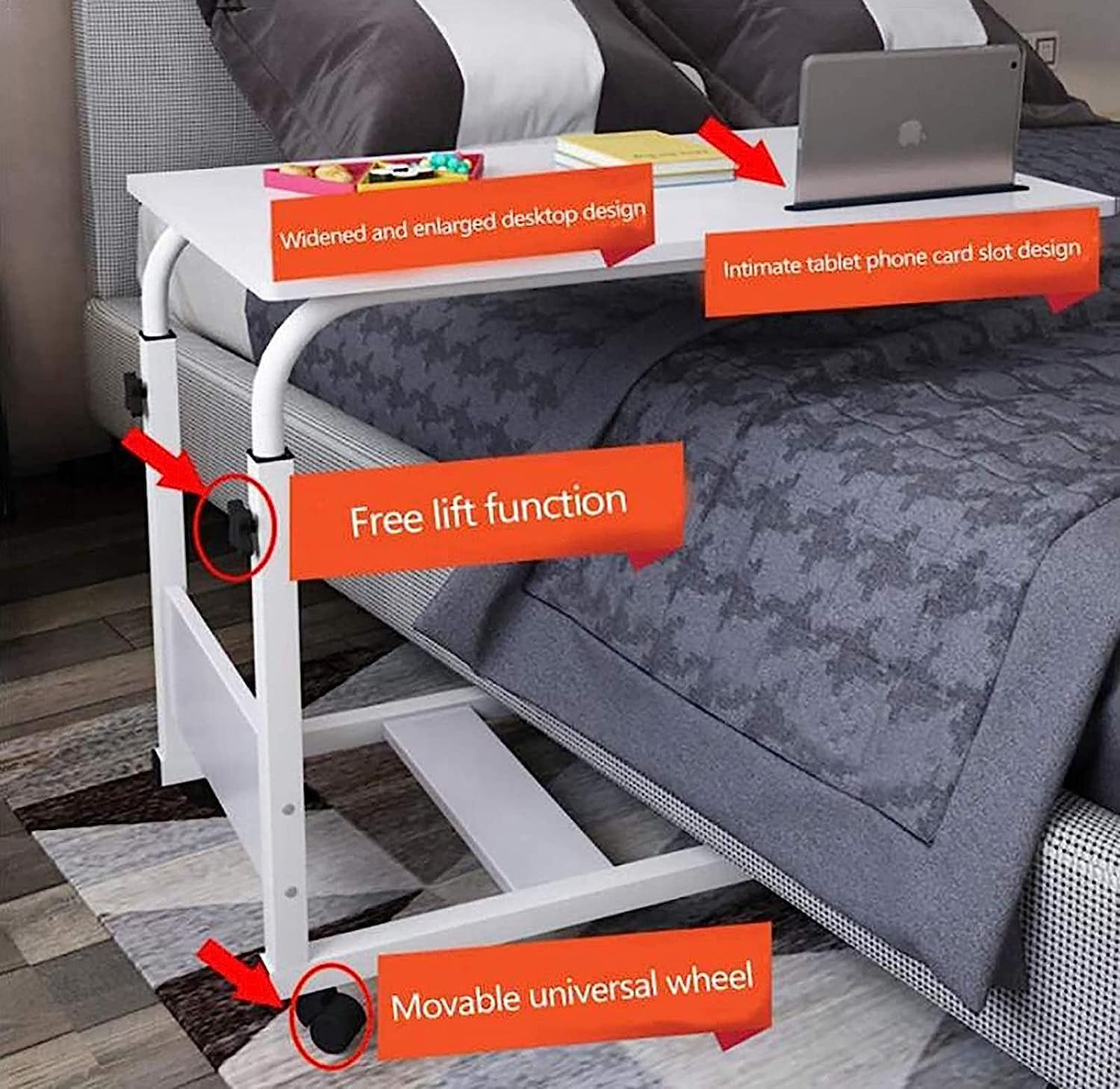 Adjustable Overbed Table with Wheels - Portable Laptop Desk & Mobile Standing Workstation, Steel Frame Side Table for Bed, Sofa, or Office Use - Perfect for Working, Eating, or Reading in Bed