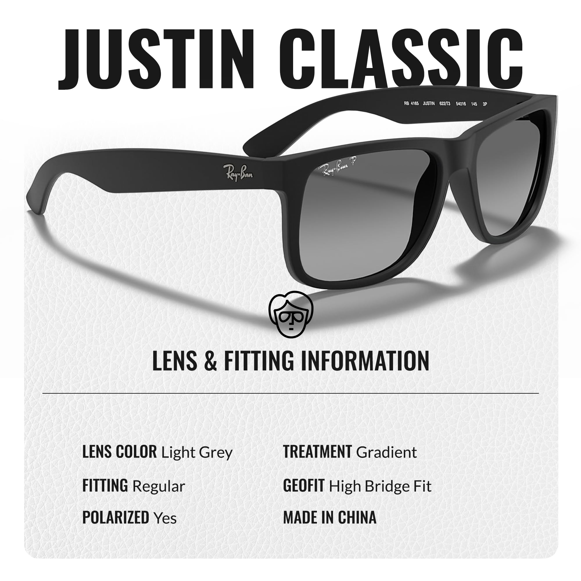 Ray-Ban RB4165 JUSTIN Classic Square Sunglasses for Men & Women - Premium Polarized UV Protection - High Bridge Fit - Includes Eyewear Cleaning Kit - Perfect for Driving, Beach & Outdoor Activities
