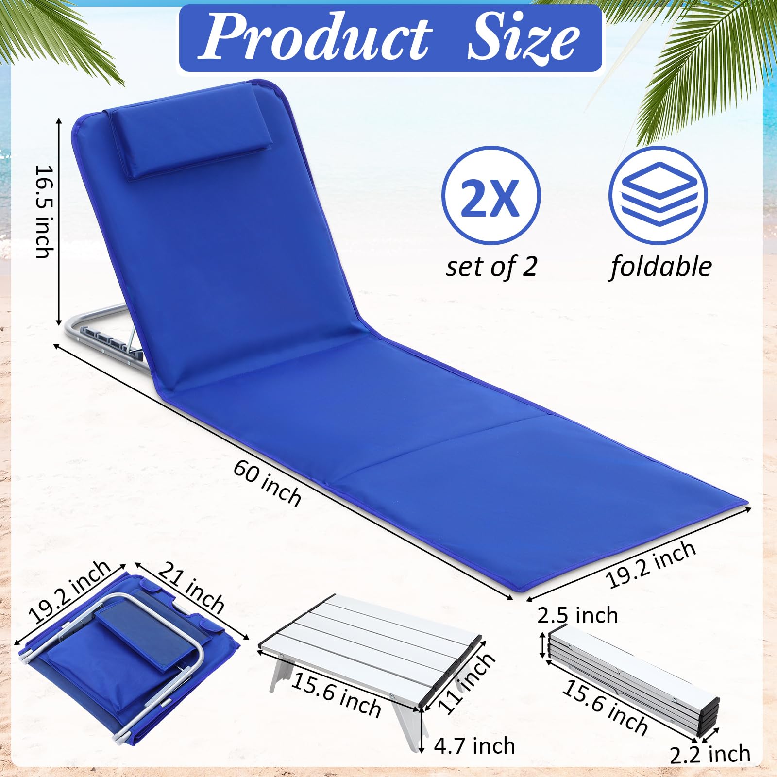 4 Pack Portable Beach Lounge Chairs with 2 Folding Side Tables - 5-Position Adjustable Lightweight Sunbathing Chaise for Outdoor, Yard, Lawn & Camping (Deep Blue) - Perfect for Poolside Relaxation, Backyard Lounging and Beach Vacations