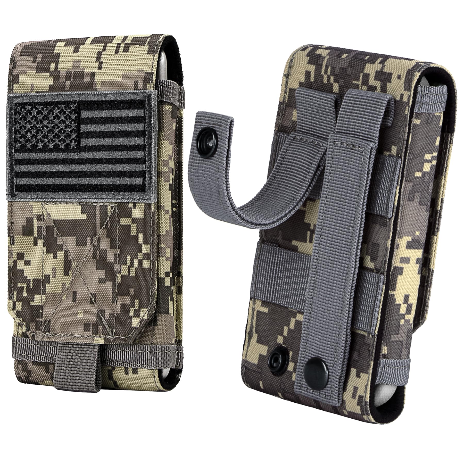 Tactical MOLLE Phone Pouch with American Flag Patch - Heavy Duty Belt Loop Holster Case for iPhone 16 Pro Max/16 Plus/16 Pro/16/15 Pro Max/14 Pro Max/13 Pro Max/12 Pro Max & Galaxy S24 Ultra - Perfect for Outdoor Adventures, Hiking, and Military Use