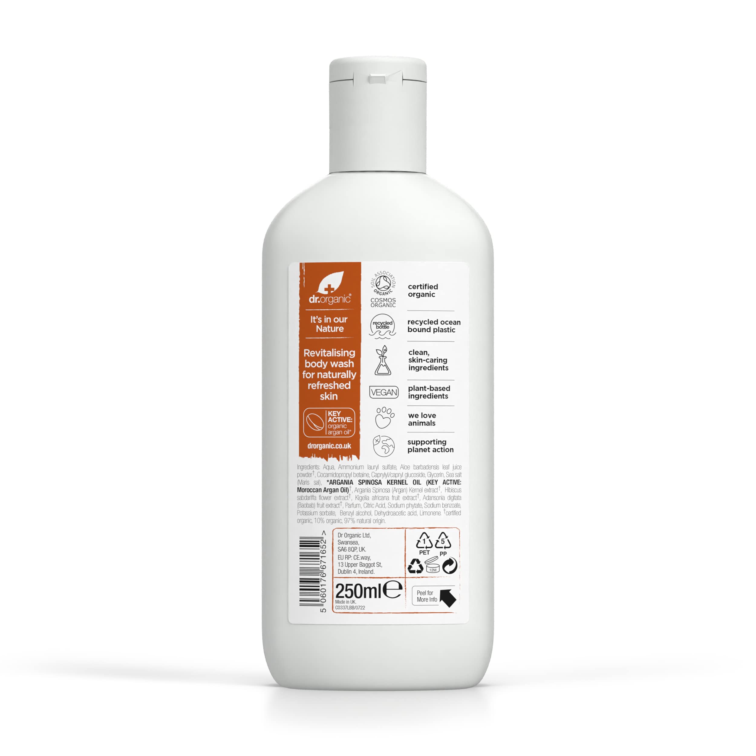 Dr Organic Moroccan Argan Oil Body Wash & Shower Gel - Natural, Vegan, Cruelty-Free, Paraben & SLS-Free - Certified Organic 250ml - Eco-Friendly Recycled Ocean Plastic Packaging - Perfect for Dry Skin Care & Luxurious Bath Time