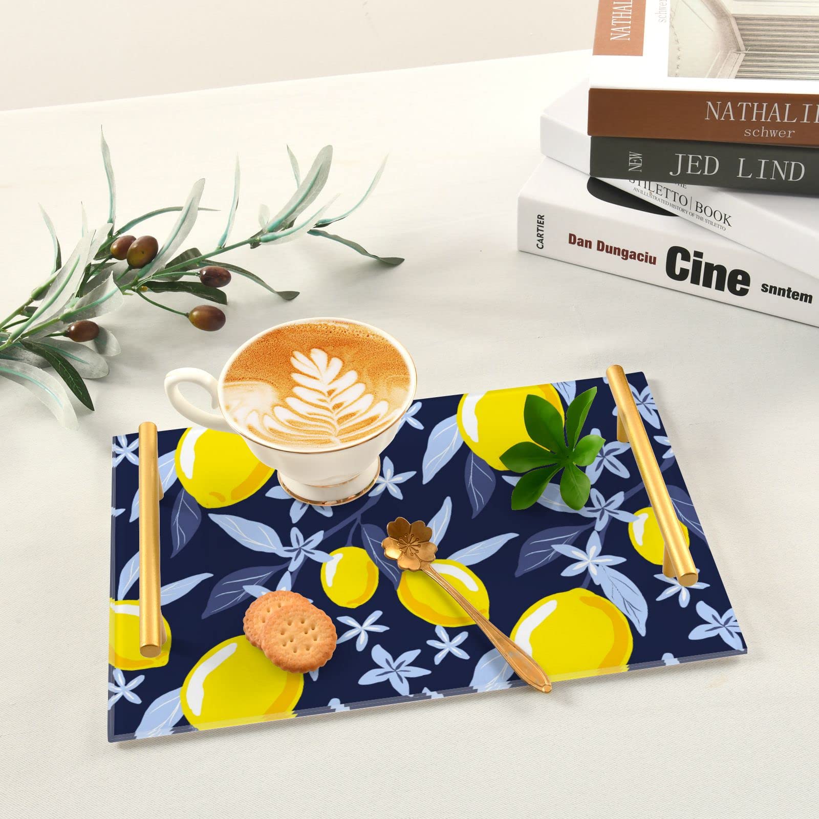 Yellow Lemons Vanity Tray with Gold Handles - Floral Leaf Decorative Tray for Perfume, Jewelry & Coffee - Makeup Organizer for Dresser, Bedroom & Kitchen - Perfect for Home Decor & Gift Giving
