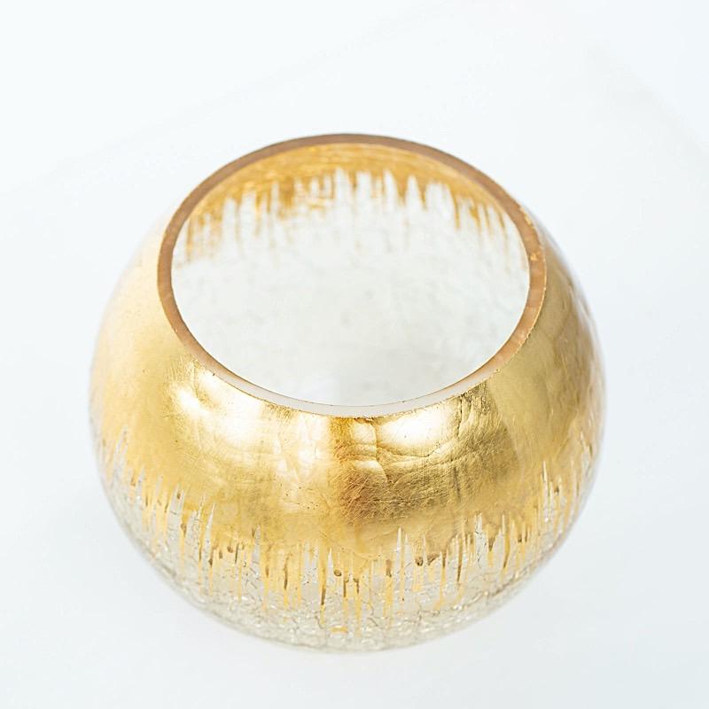 4.5 Inch Tall Round Crackle Glass Candle Holder Vase - Gold Finish for Wedding Centerpieces, Table Decor & Home Decoration