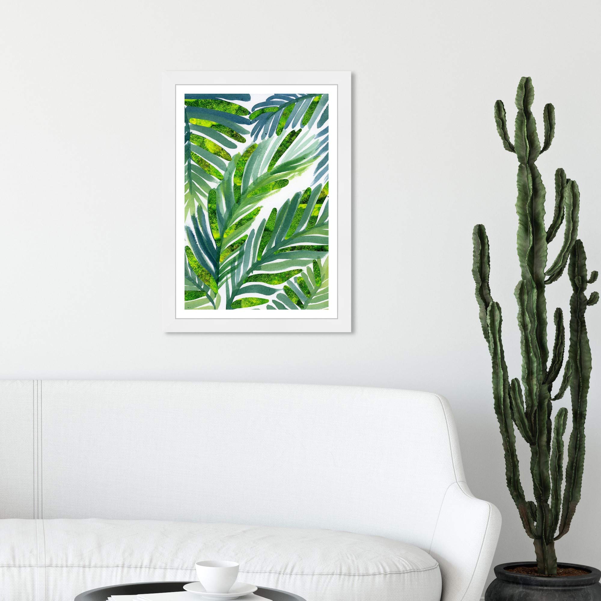 Wynwood Studio Floral Wall Art Framed Print 'Hojas de Palma Moss' - 13x19 Inch Botanical Home Decor in Green & White - Perfect for Living Room, Bedroom or Office Decoration