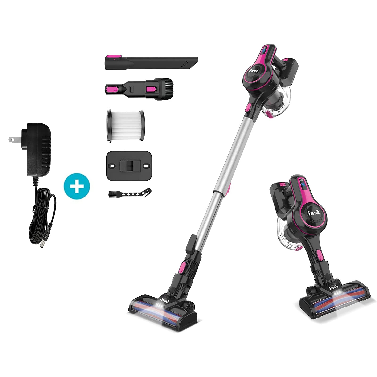 INSE Cordless Vacuum Cleaner, 6-in-1 Rechargeable Stick Vacuum with Spare Charger - Powerful & Lightweight N5S Red for Hardwood Floors, Carpets, Pet Hair, Car Cleaning