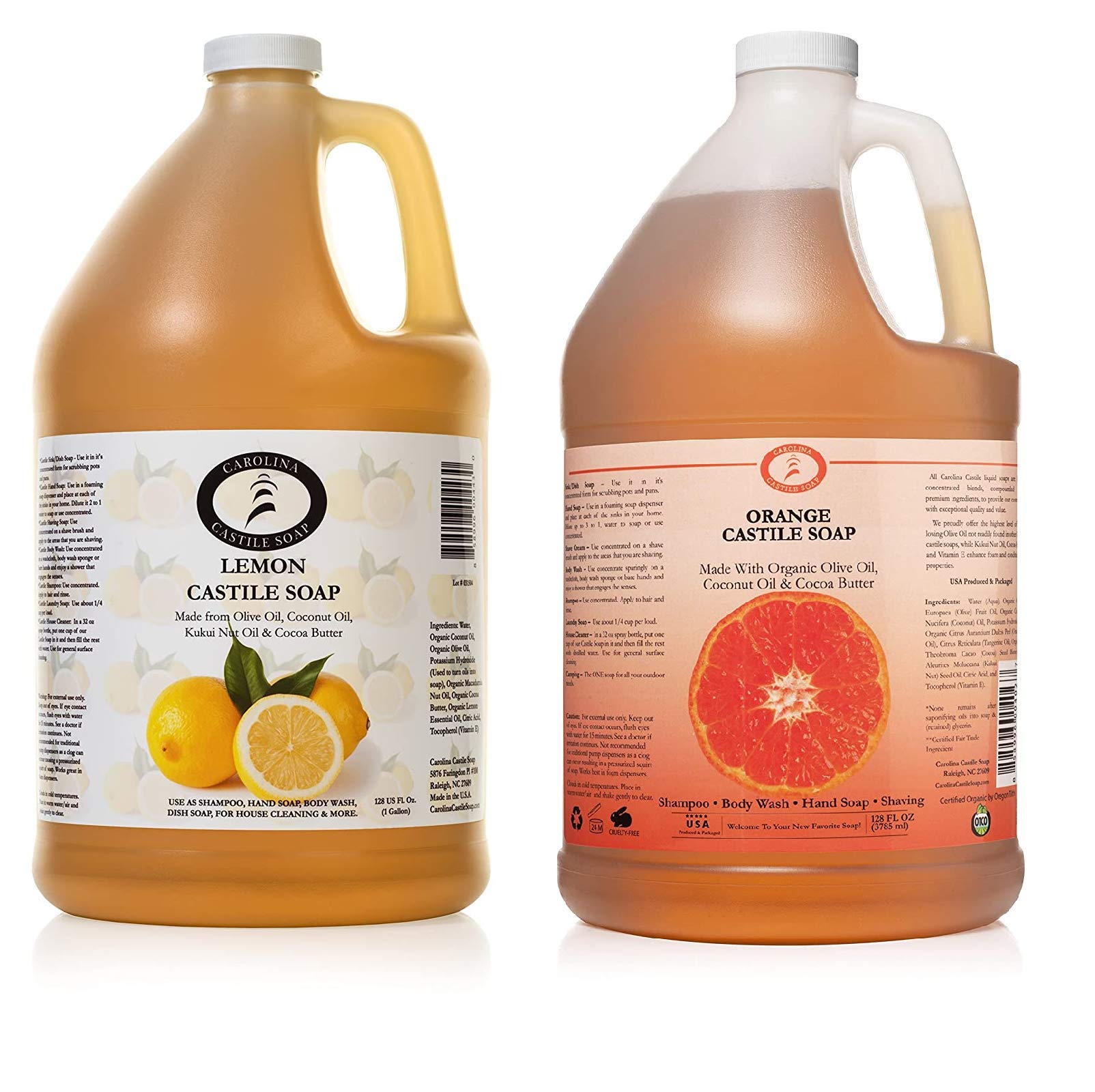 Organic Castile Soap Citrus Bundle - 2 Pack (Orange & Lemon) | 1 Gallon Olive Oil Soap with Certified Organic Cocoa Butter | Refill Size for Body Wash, Shampoo & Household Cleaning | Vegan, Cruelty-Free Soap for Bath, Kitchen & Baby Care
