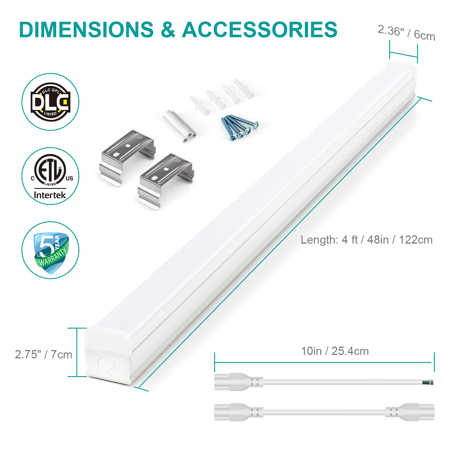4FT LED Shop Light 48 Inch, 38W 5300 Lumens 5000K Daylight White - DLC & ETL Certified Linkable Garage Lighting Fixture (4 Pack) - Perfect for Commercial Ceilings, Warehouses, Workshops & Home Garages