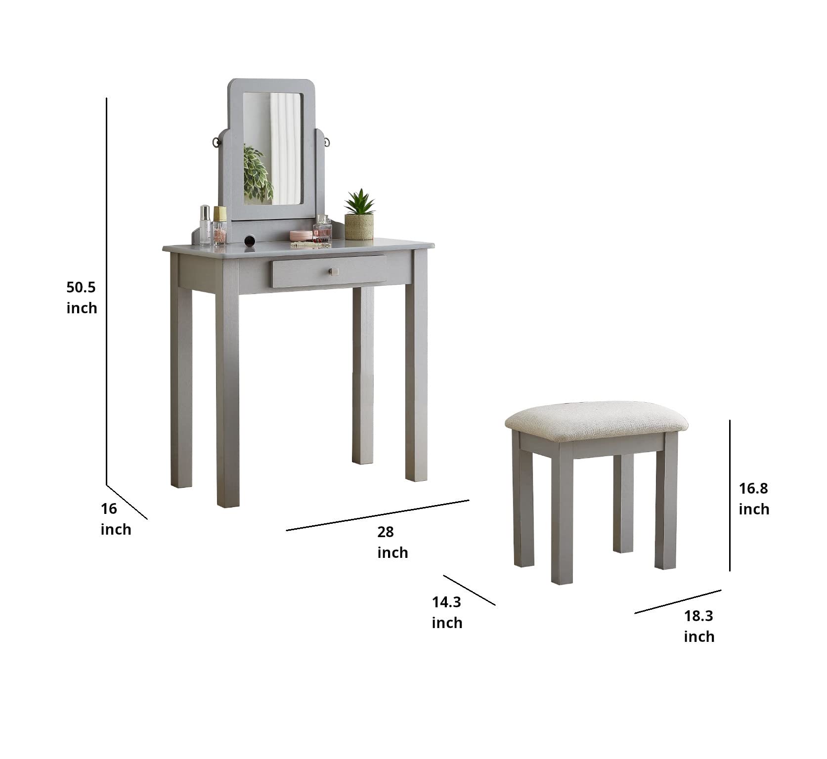 GTU Furniture Transitional Vanity Set with Mirror & Stool - Silver Finish | Elegant Dressing Table for Bedroom, Bathroom & Makeup Area | Perfect for Women's Beauty Routine & Home Decor