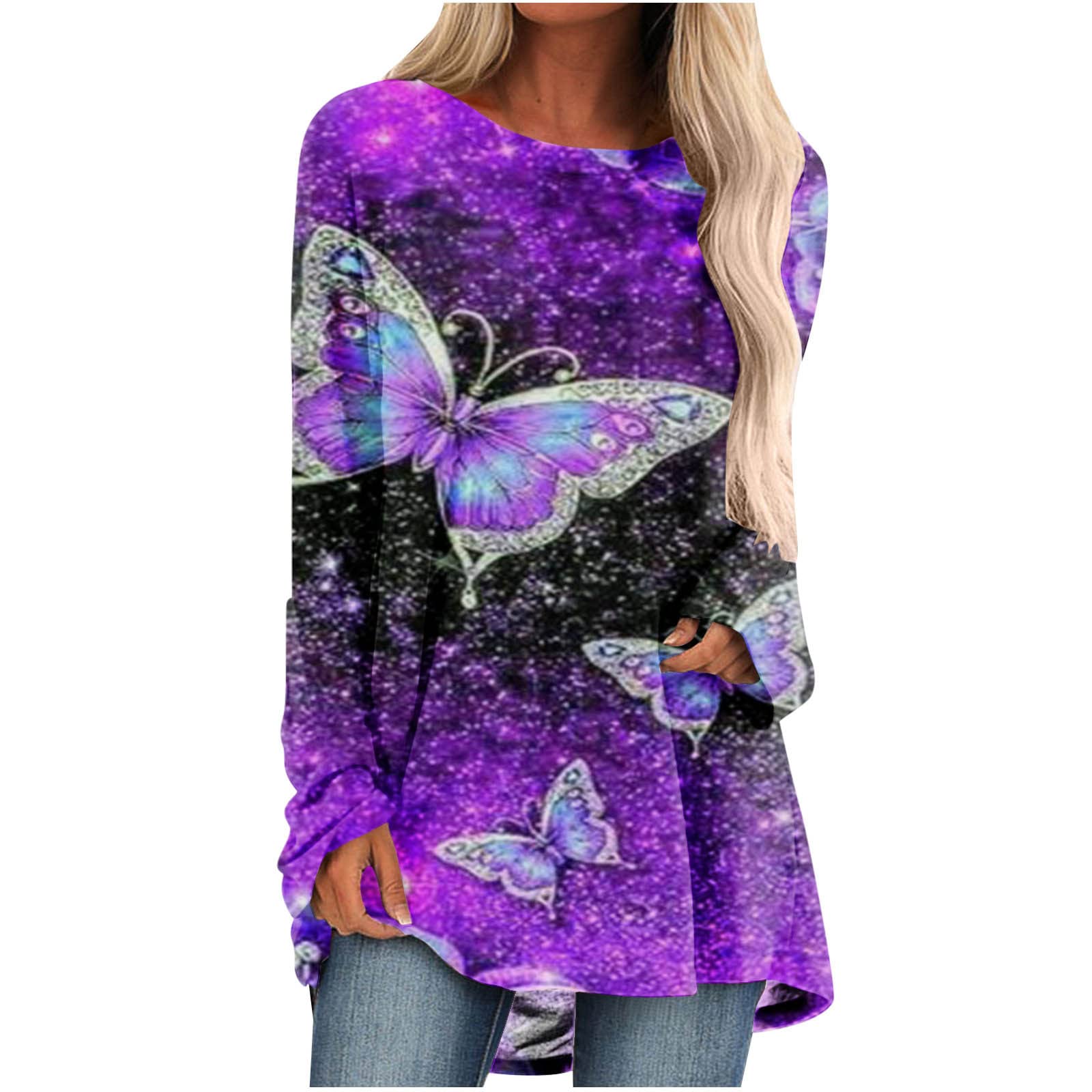 Butterfly Graphic Tee for Women - Fashion Crewneck Blouse, Casual & Dressy Flowy Top - Stylish Fall Outfit for Everyday Wear, Date Night & Office