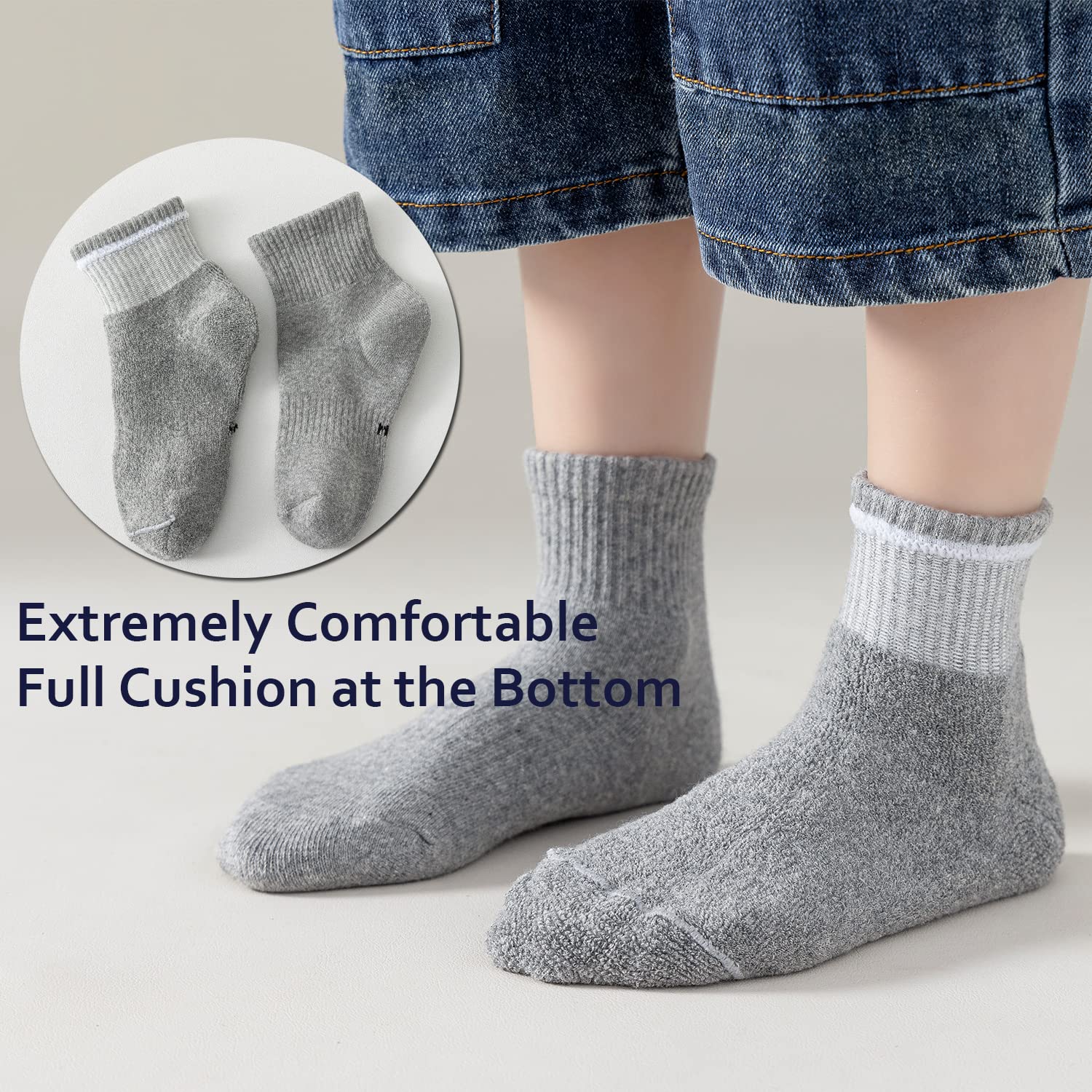 EPEIUS Kids Boys Girls Cushioned Athletic Socks - 6 Pack Thick Cotton Quarter Socks for Running & Sports - Comfortable Ankle Socks for Children Ages 4-14 - Perfect for School, Play & Daily Activities