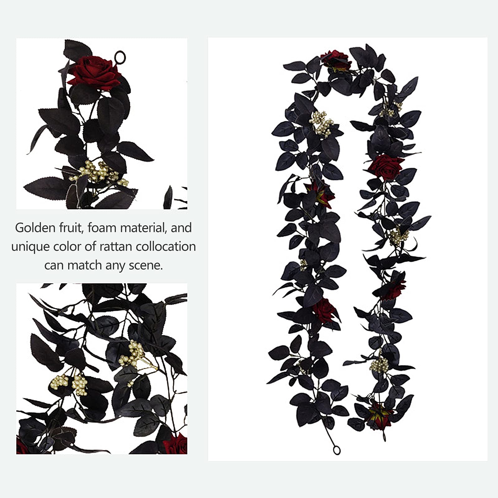 180cm Artificial Black Rose Vine with Berries - Halloween Hanging Flower Garland for Table Centerpiece, Fireplace Decor, Door Frame Backdrop - Perfect for Gothic Weddings, Spooky Party Decorations & Home Halloween Displays