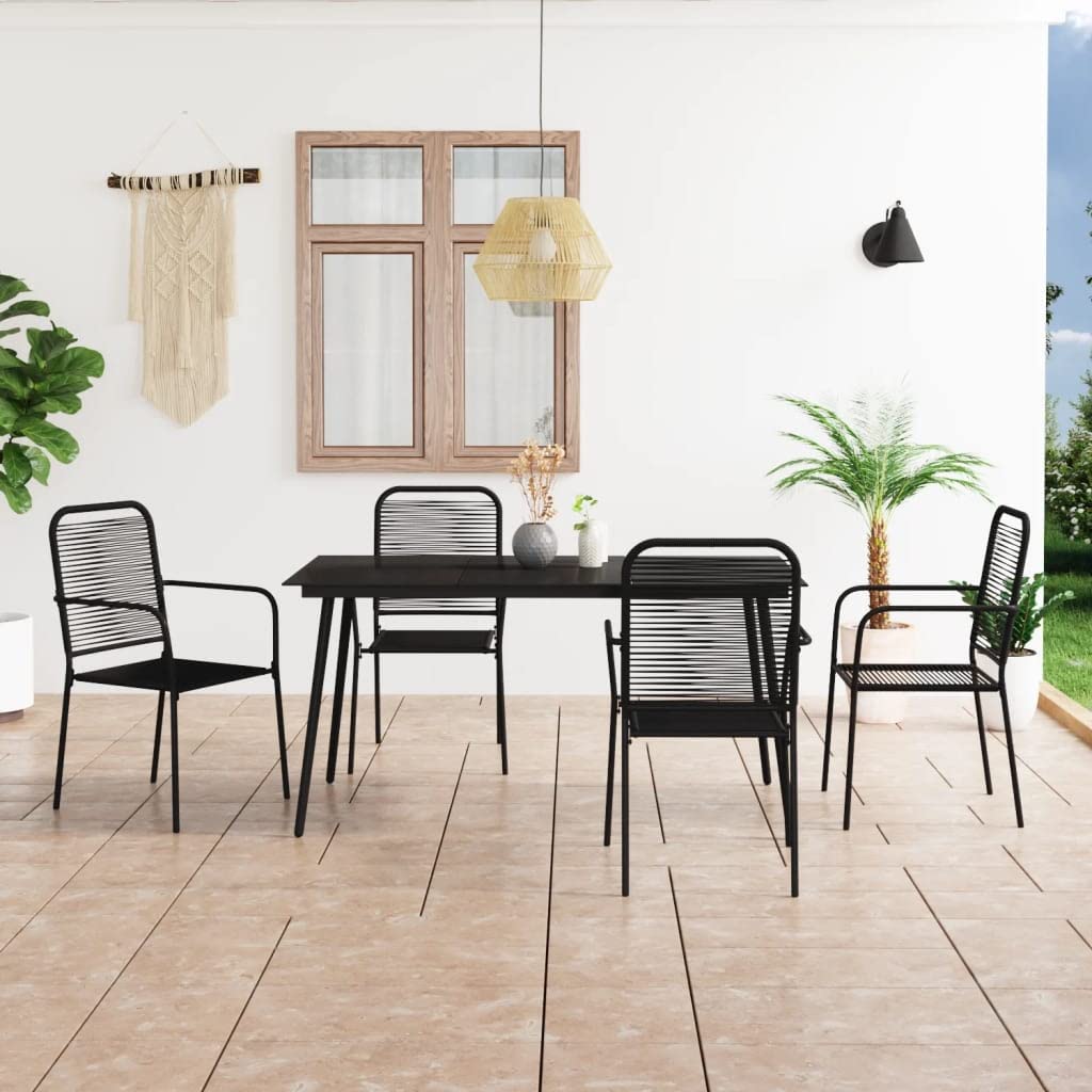 vidaXL 5-Piece Patio Dining Set - Outdoor Garden Table & Chairs, Steel Frame with Cotton Rope, Black - Perfect for Backyard, Balcony, Terrace & Poolside Entertaining