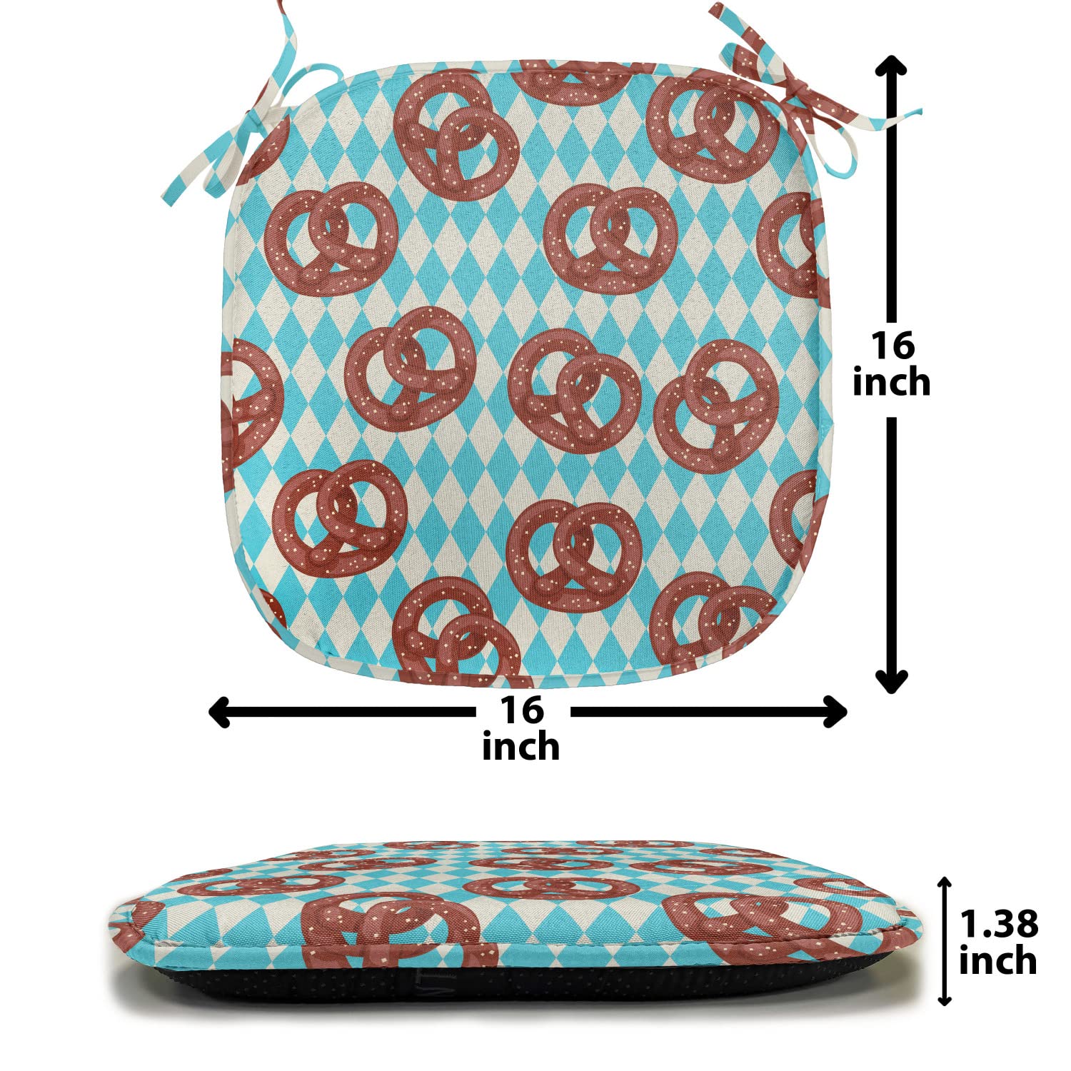 Lunarable Oktoberfest Chair Cushion Set of 12 - Diamond Pattern Pretzel Design German Country Snack Theme - Non-Slip Kitchen & Patio Seat Pads 16x16 Inches in Sky Blue Ivory Redwood - Perfect for Beer Festivals, Outdoor Dining & Bavarian Decor
