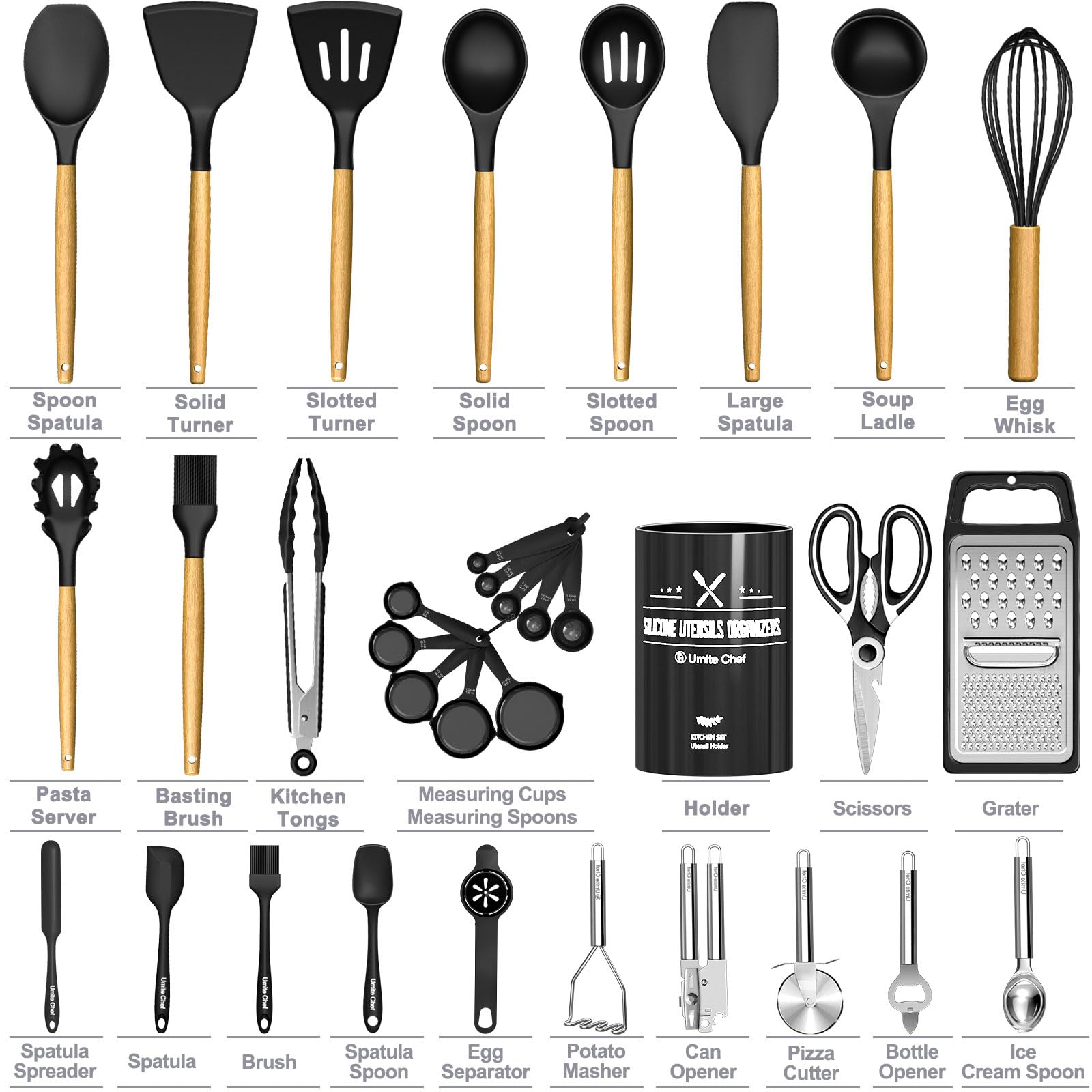 34-Piece Silicone Kitchen Utensil Set with Holder - Heat Resistant Cooking Tools for Nonstick Cookware, Black Wooden Handle Spatulas & Gadgets - Perfect for Baking, Frying & Everyday Cooking