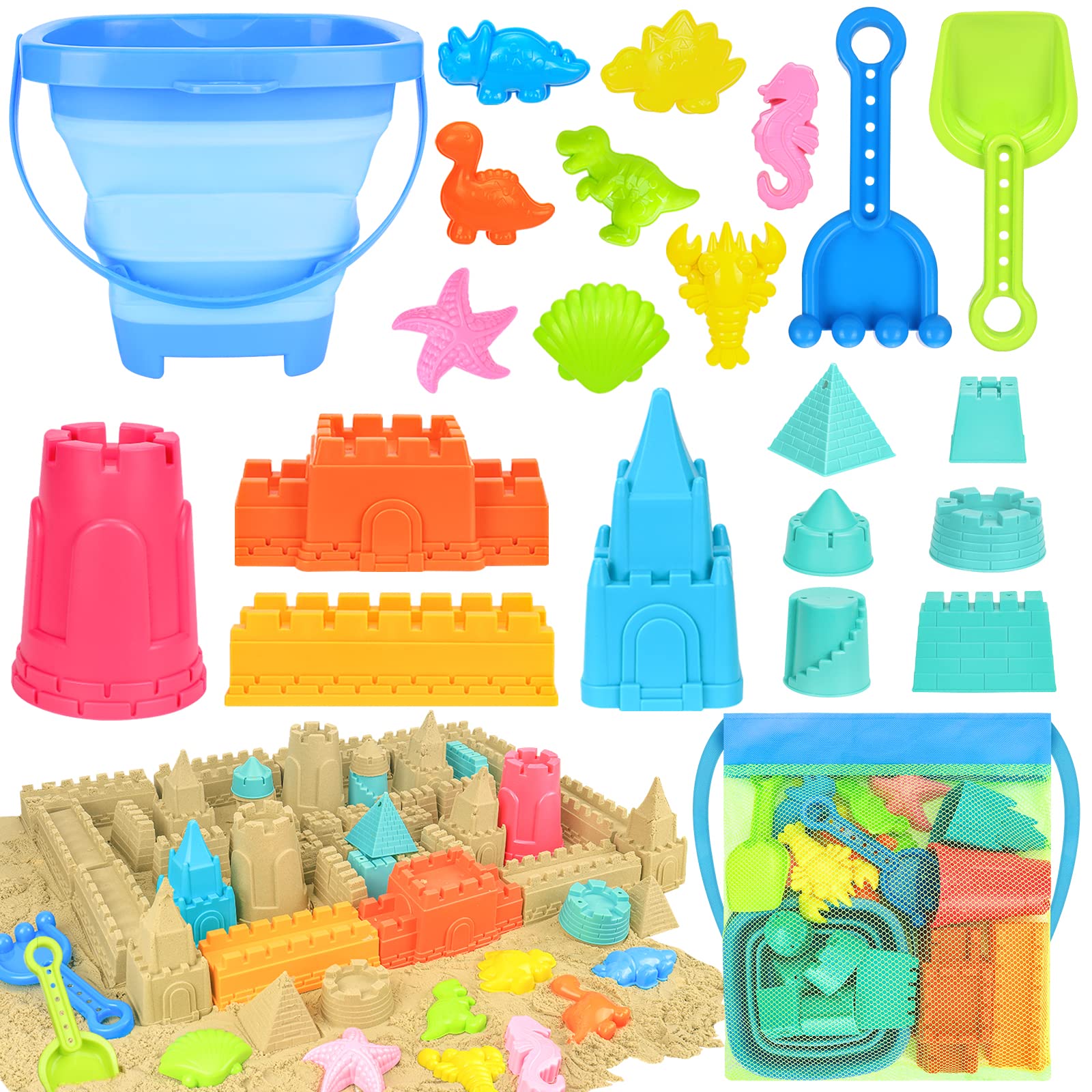 Collapsible Beach Toys for Kids & Toddlers - Sand Bucket & Shovel Set with Mesh Bag - Sand Castle Building Toys for Beach, Travel & Sandbox Play - Perfect for Ages 3-10 - Great for Beach Vacations, Backyard Sandpits & Summer Outdoor Activities