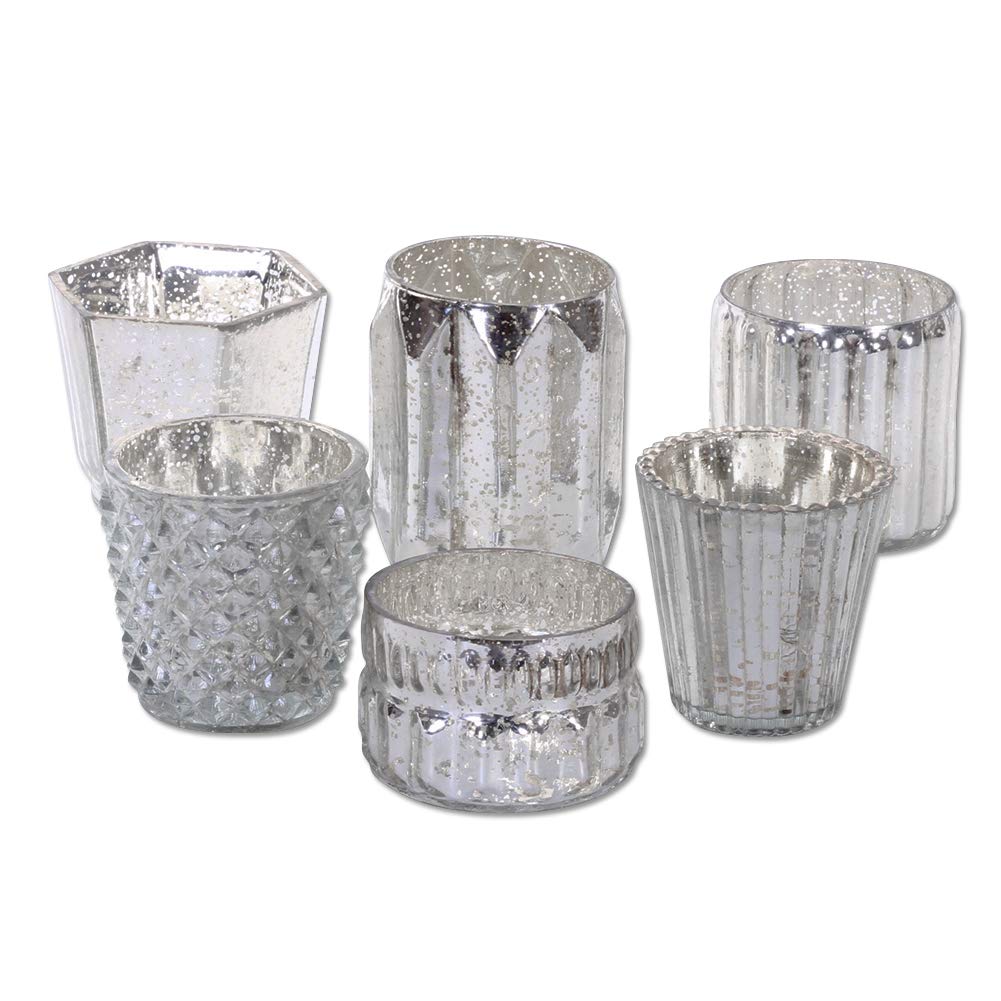 Mixed Silver Mercury Glass Candle Holders 6-Pack - Vintage Mismatched Geometric Candle Votives for Wedding, Baby Shower & Home Decor - Elegant Table Centerpieces for Quinceanera, Bridal Party & Romantic Dinner Settings