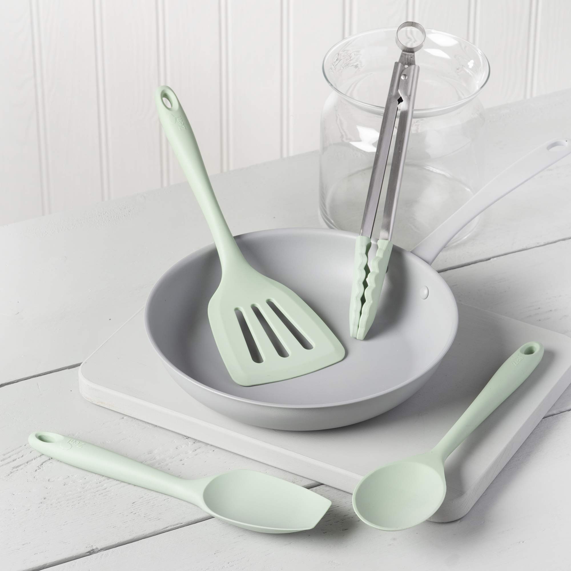 Non-Stick Silicone Cooking Utensil Set - 4-Piece Kitchen Tools with Heat-Resistant Tongs, Turner, Spatula & Spoon in Sage Green | Perfect for Frying, Baking, Grilling & Serving