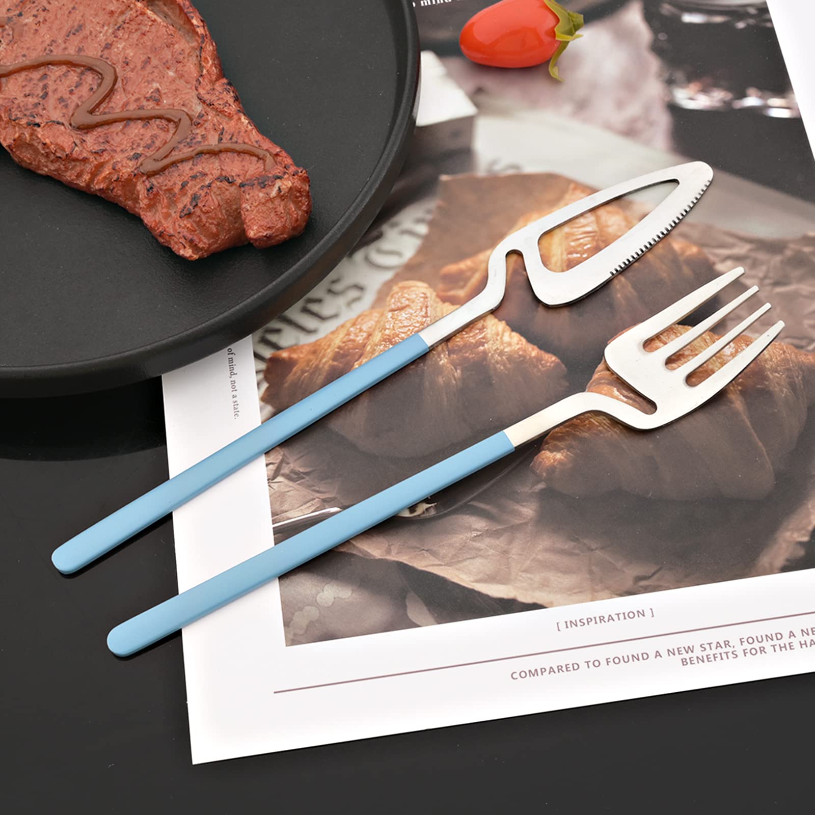 JASHII 8-Piece Stainless Steel Flatware Set - Hangable Silverware in Macaron Colors (Blue/Silver), Dishwasher Safe Cutlery for Home & Restaurant Use | Perfect for Dinner Parties, Daily Meals & Gift Giving
