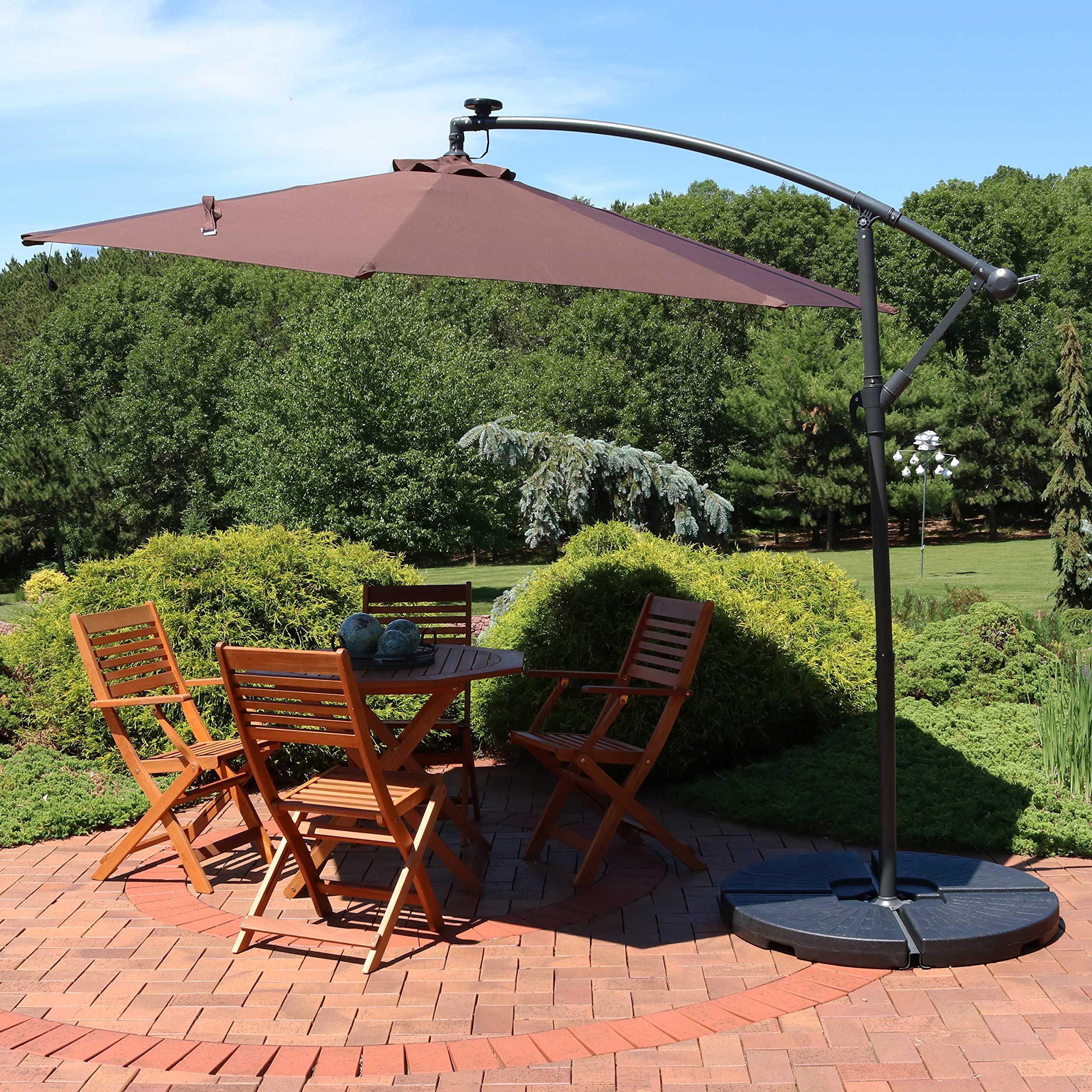 Sunnydaze 10-Foot Offset Cantilever Solar Patio Umbrella with LED Lights, Easy Crank & Sturdy Cross Base - Perfect for Poolside, Backyard, Deck, and Outdoor Dining Areas