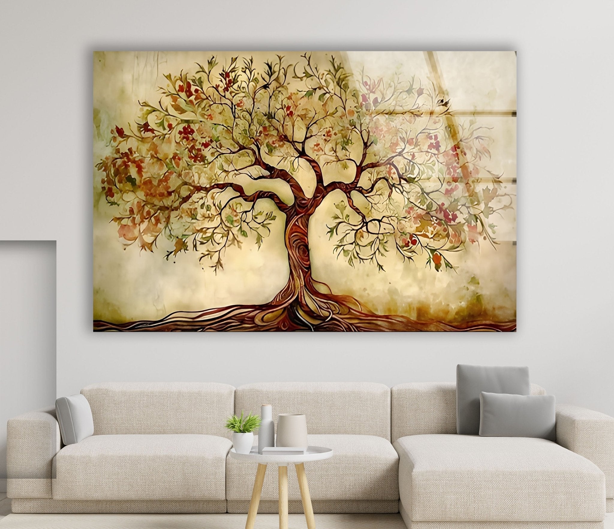 Elegant Beige Tree Glass Wall Art - Handmade Modern Home Decor for Living Room, Bedroom & Office - Perfect Gift for Housewarming & Holidays