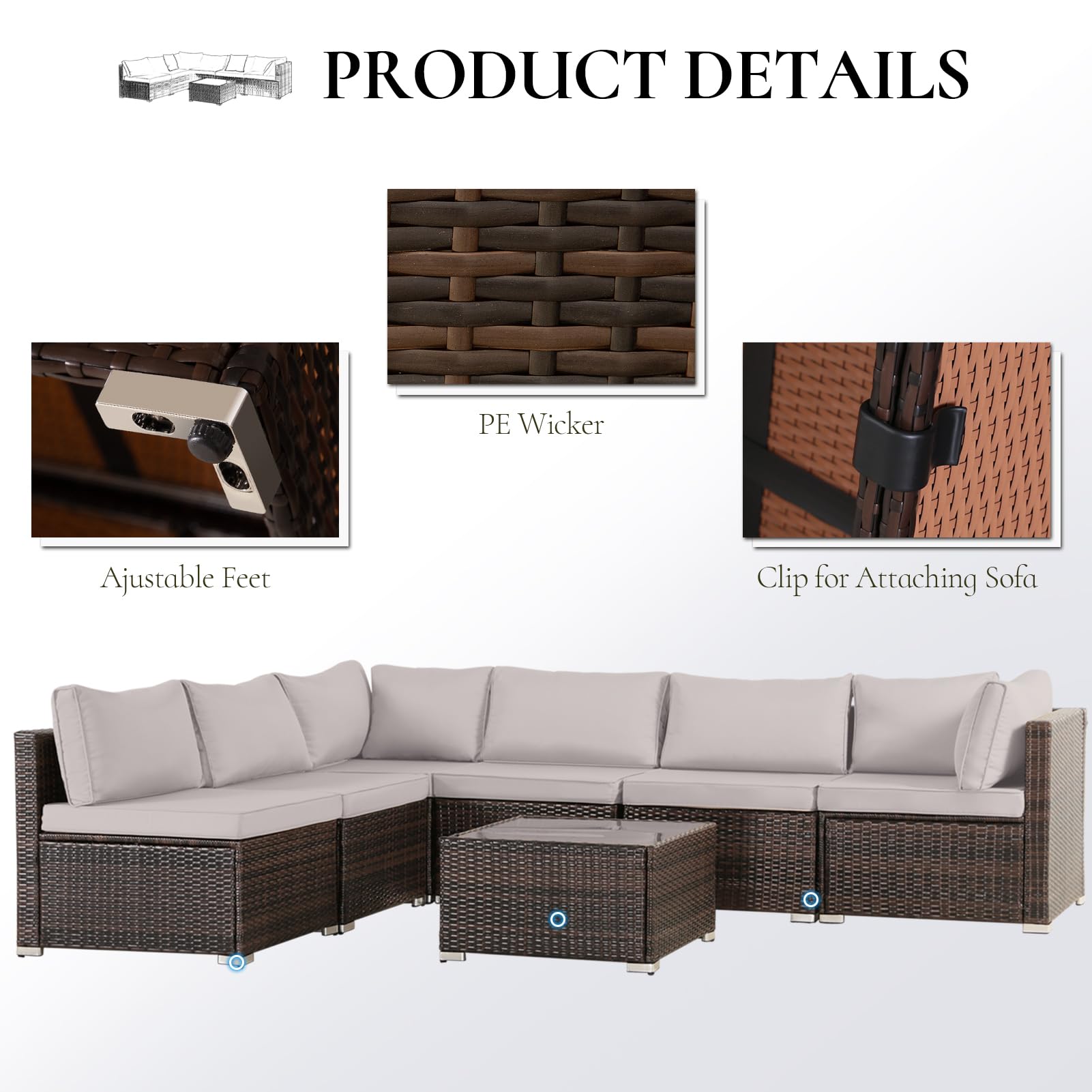 7-Piece All-Weather Wicker Patio Furniture Set with Padded Cushions - Outdoor Sectional Sofa Conversation Set for Poolside, Balcony, Backyard (Brown Wicker/Grey Cushion) - Perfect for Relaxing, Entertaining & Outdoor Dining
