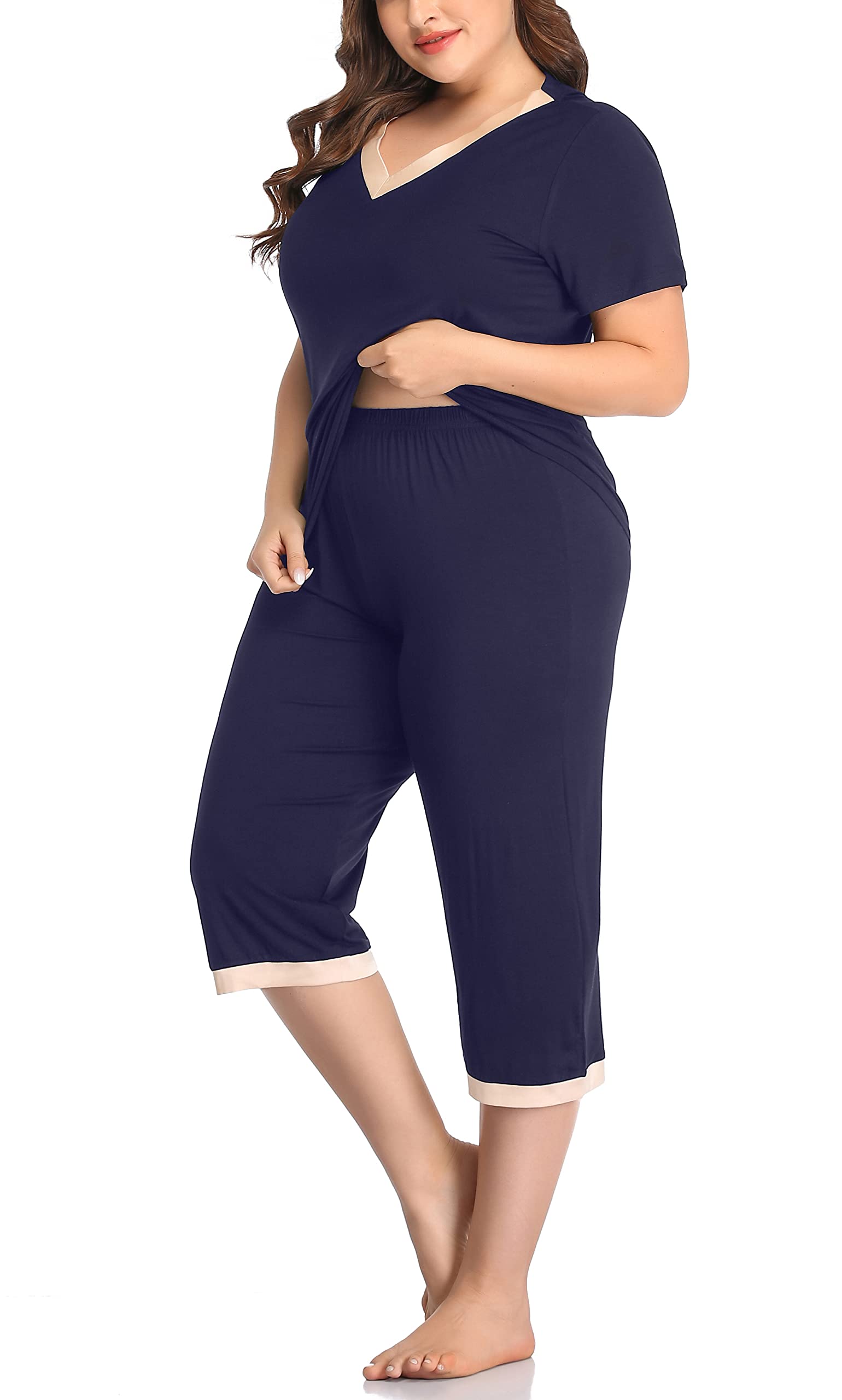 ZERDOCEAN Women's Plus Size Pajama Sets - Soft Sleepwear Short Sleeve Tops & Capri Pants Lounge Set for Comfortable Nightwear | Perfect for Relaxing at Home, Lounging & Sleeping