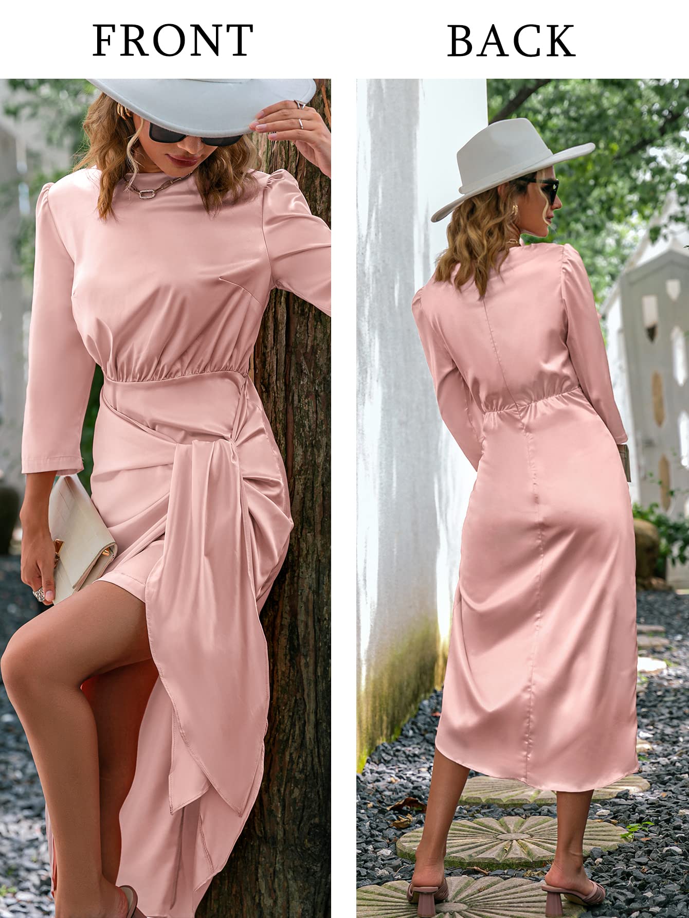 Glamaker Women's Satin Long Sleeve Formal Dress | Tie Front Elegant Pencil Midi Dress for Office, Cocktail Party & Evening Events