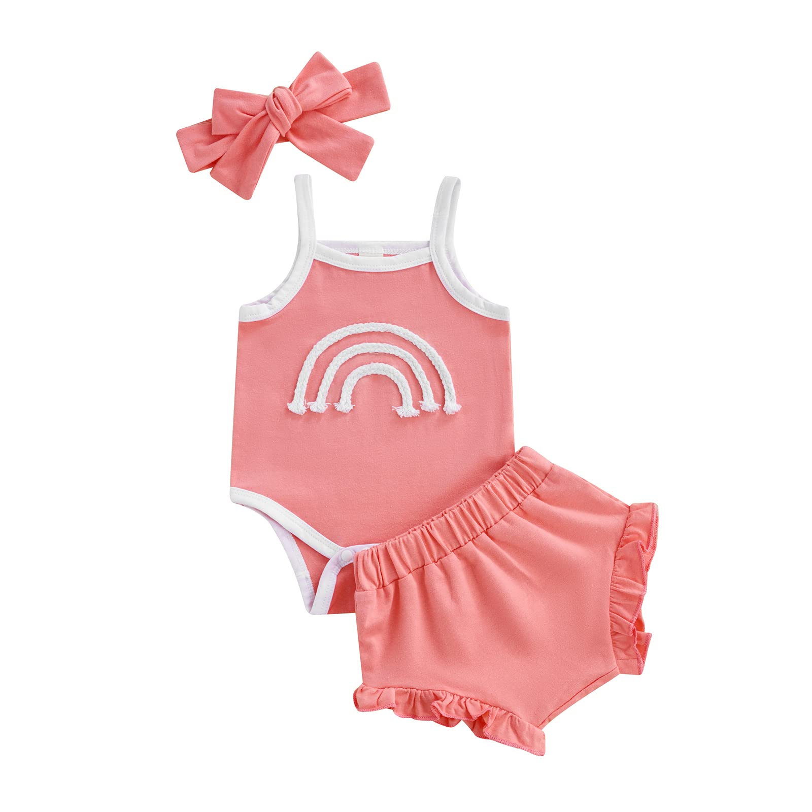 Thorn Tree Newborn Baby Girl Outfits - Soft Cotton Romper, Headband & Shorts Set | Cute Rainbow Playwear for Summer | Perfect for Photoshoots, Playdates & Special Occasions