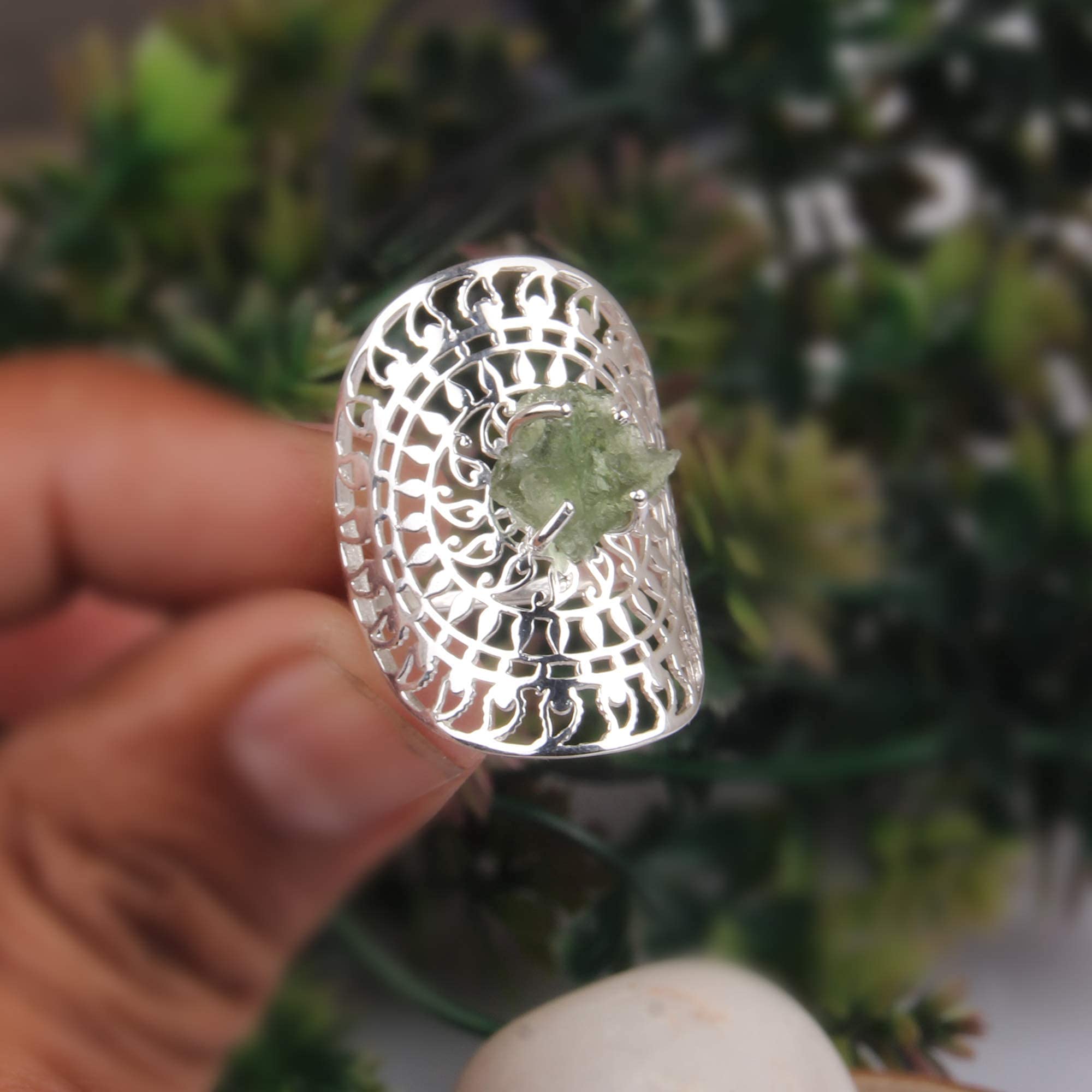 Genuine Raw Moldavite Ring - Natural Moldavite Gemstone & Sterling Silver Mandala Ring for Spiritual Healing & Meditation | Perfect for Energy Work, Chakra Balancing & Unique Jewelry Gifts