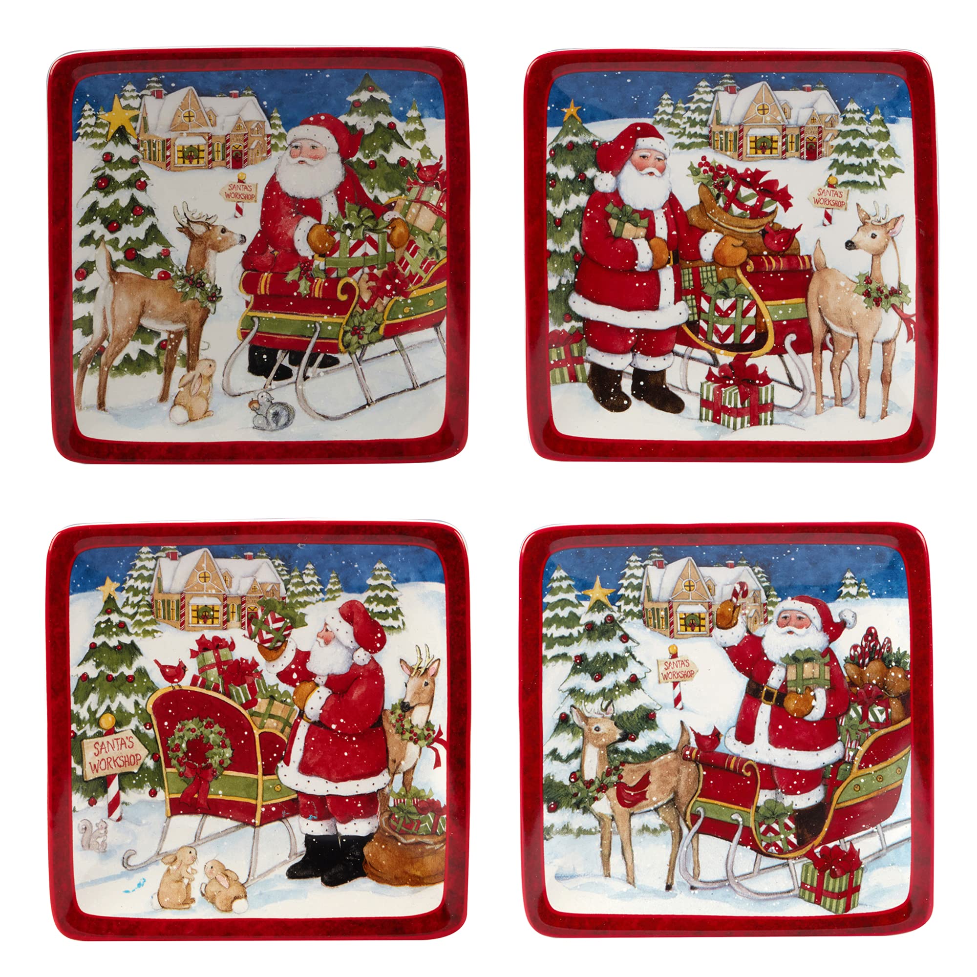 Certified International Santa's Workshop 6-Inch Canape Plates, Set of 4 - Perfect for Holiday Parties, Luncheons & Snack Serving