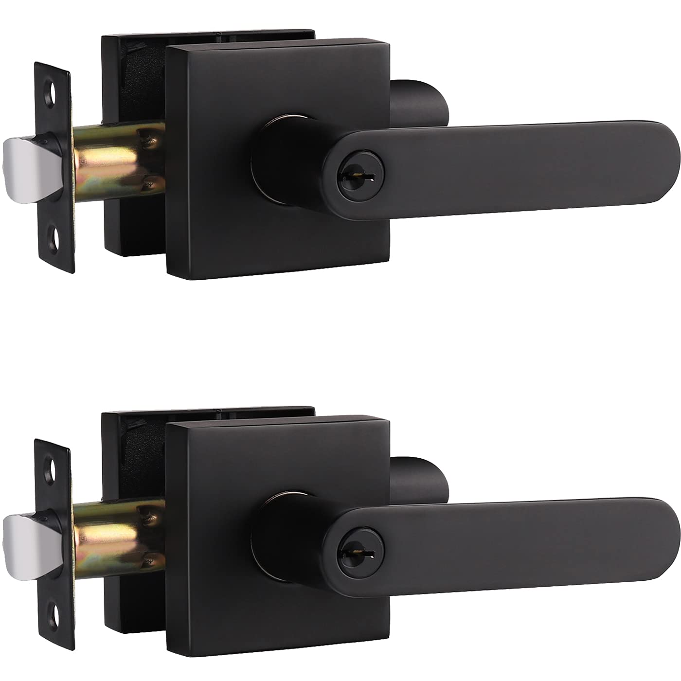 2 Pack Heavy Duty Keyed Entry Door Levers - Secure Bedroom & Bathroom Door Handles with Lock & Key, Reversible Square Levers for Right/Left Handed Doors | Ideal for Home, Office & Apartment Security