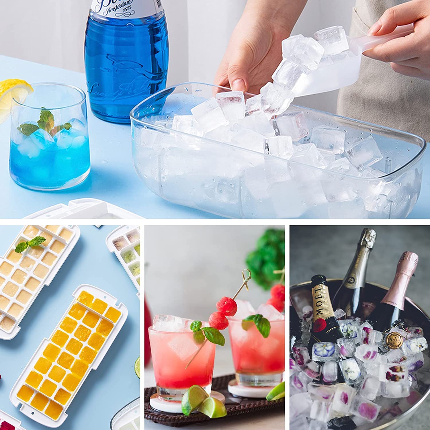 Silicone Ice Cube Tray with Lid & Storage Bin - Reusable Freezer Ice Cube Molds Set with Scoop & Cover - Perfect for Cocktails, Beer, Coffee, Juice & Cold Drinks - Ideal for Home Bars, Parties & Everyday Use