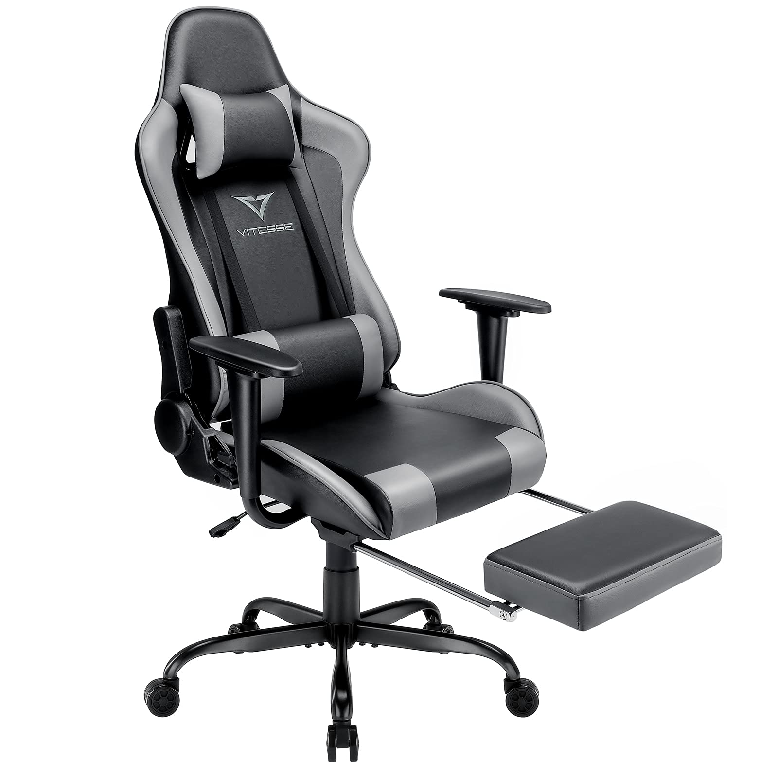Vitesse Ergonomic Gaming Chair with Footrest - 400lbs High Back Racing Style Computer Chair for Teens & Adults - PU Leather Desk Chair with Headrest & Lumbar Support (Grey) - Perfect for Esports, Streaming & Home Office