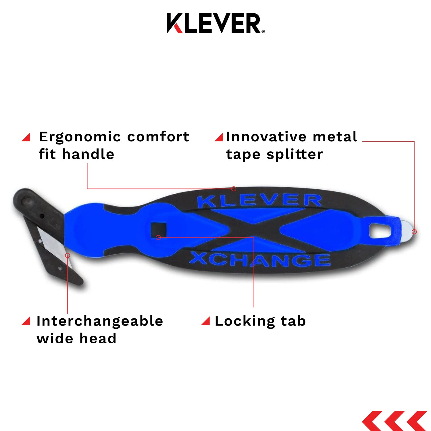 Klever XChange Box Cutter - 10 Pack Heavy Duty Utility Knife with Wide Cut Head & Ergonomic Soft Grip Handle - Ideal for Cutting Boxes, Packages, Film, Tape & Thick Materials (Blue, KCJ-XC-30B) - Perfect for Warehouse, Shipping, Retail & Home Use