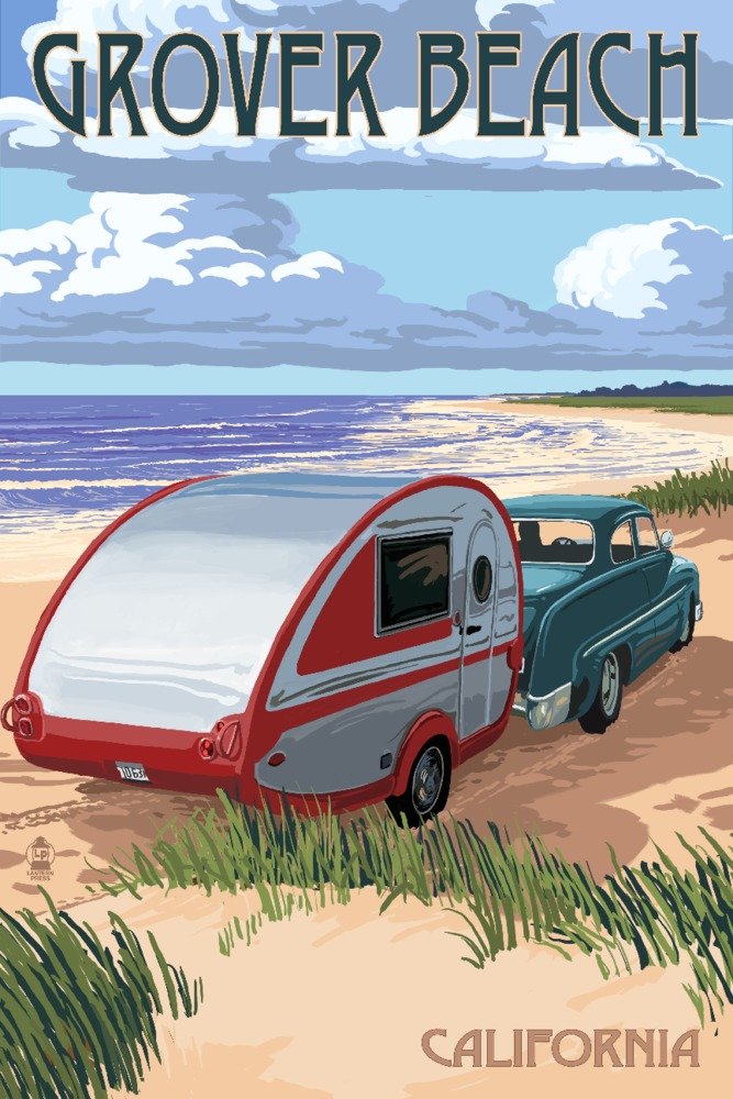 California Beach Art - Grover Beach Retro Camper Metal Wall Decor (24x36 Gallery Quality Aluminum Print) for Coastal Home & Office Decor