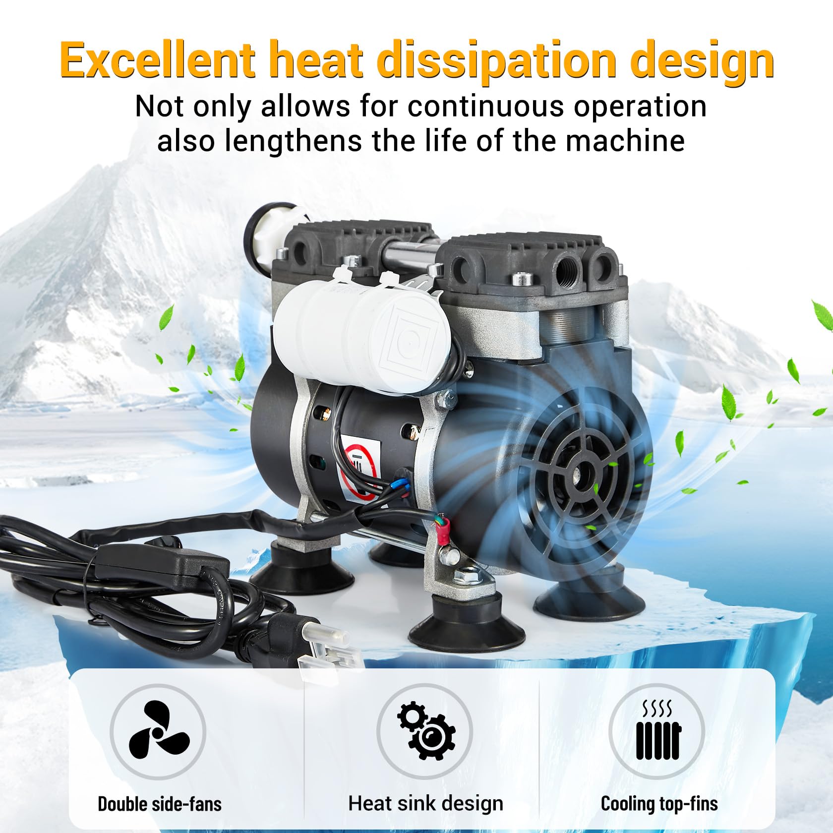 50L/Min Oilless Vacuum Pump with Switch, Vacuum Meter & Silencer - 6m PTFE Tape Included | Ideal for Lab Equipment, Electronics, Aquarium Maintenance & HVAC Applications