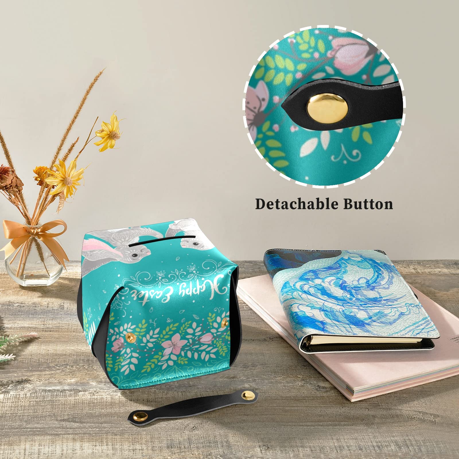 Happy Easter Two Hares Floral Wreath Leather Tissue Box Cover - Turquoise Square with Handle for Bathroom, Home, Office & Car (9.4x5.1x3.6 in) - Perfect for Easter Decor, Vanity Countertops & Nightstands