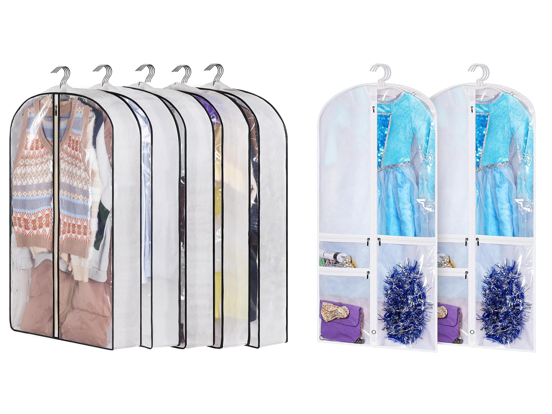 5-Pack Hanging Garment Bags & 2-Pack Costume Dance Garment Bags - Travel Storage, Closet Organization, and Costume Protection for Dancers