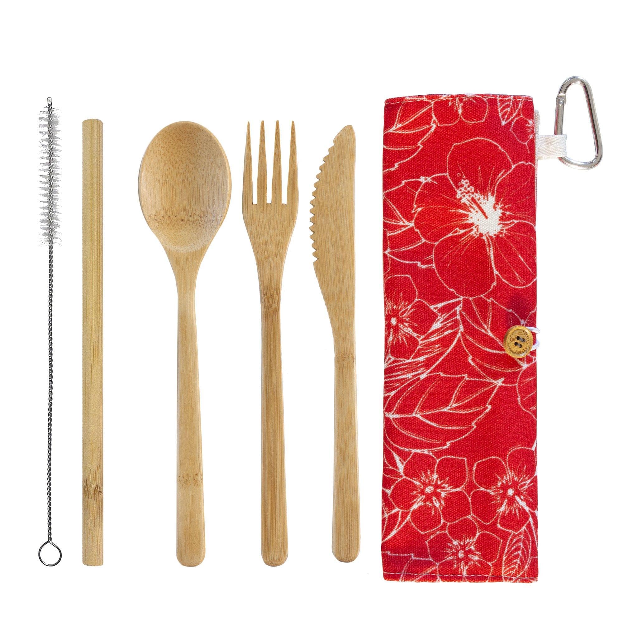 Eco-Friendly Reusable Utensil Set with Hibiscus Travel Roll - Portable Cutlery Kit for Camping, Picnics & Office Lunch - BPA-Free Stainless Steel Fork Spoon Knife Set with Carrying Case